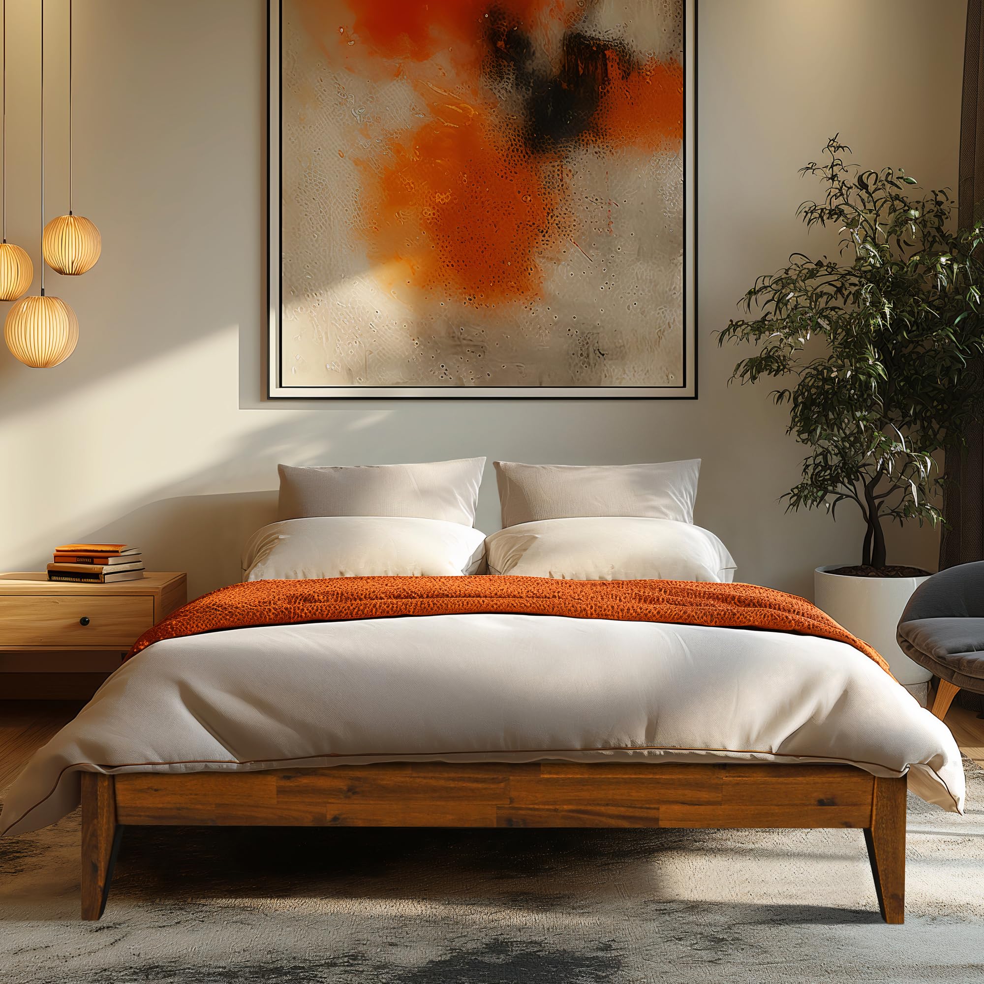 Acacia Mervyn Queen Size Bed Frame, Queen Platform Bed Frame, Mid Century Wood Bed Compatible with All Mattress Types, Wood Slat