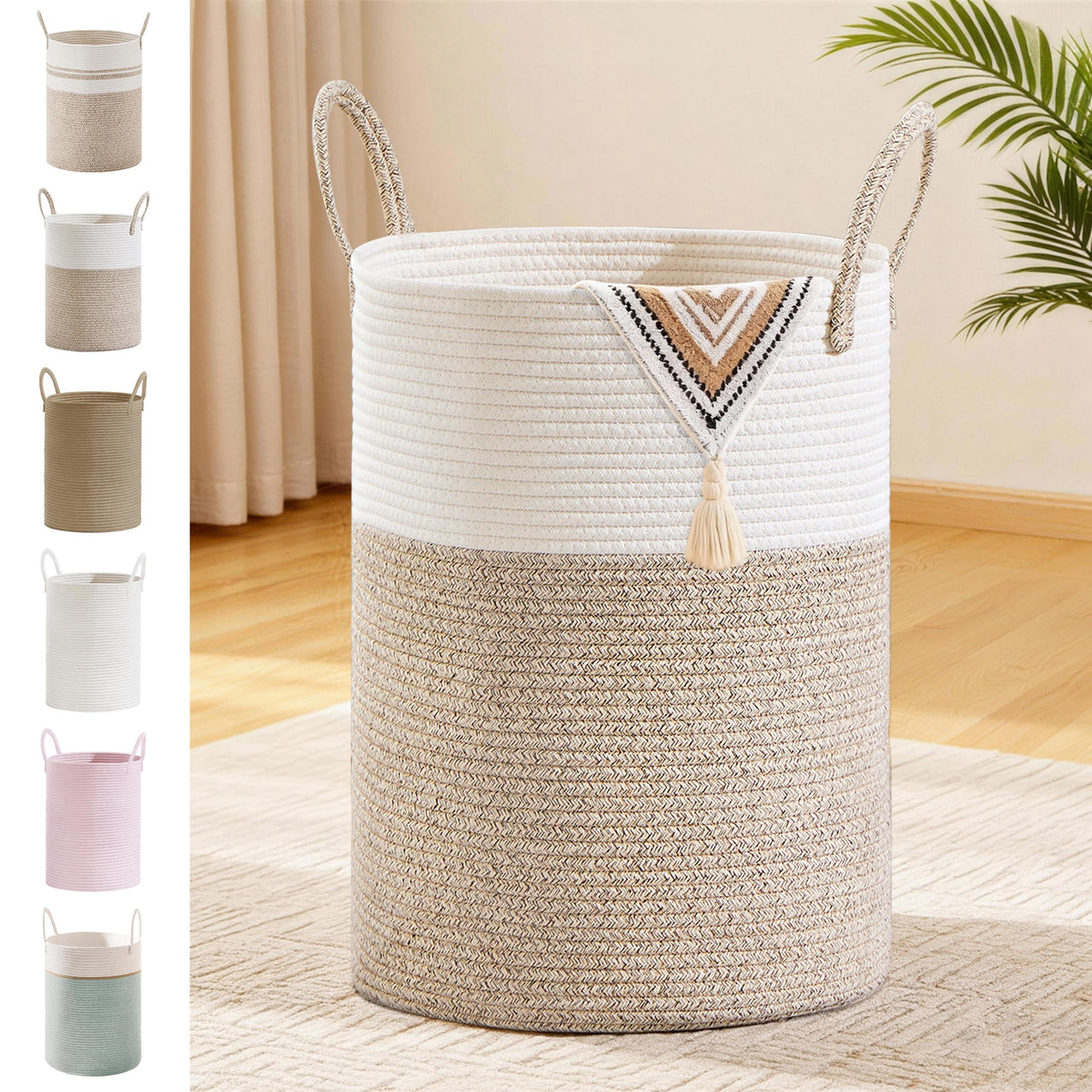 SunNewt 72L Large Tall Cotton Rope Laundry Basket with Handles, Brown