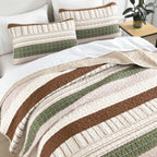 Djy Striped Quilt Set King Size, Boho Brown Green Striped Bedspread Coverlet Set Soft Microfiber Patchwork Quilt Bedding Set 3 P