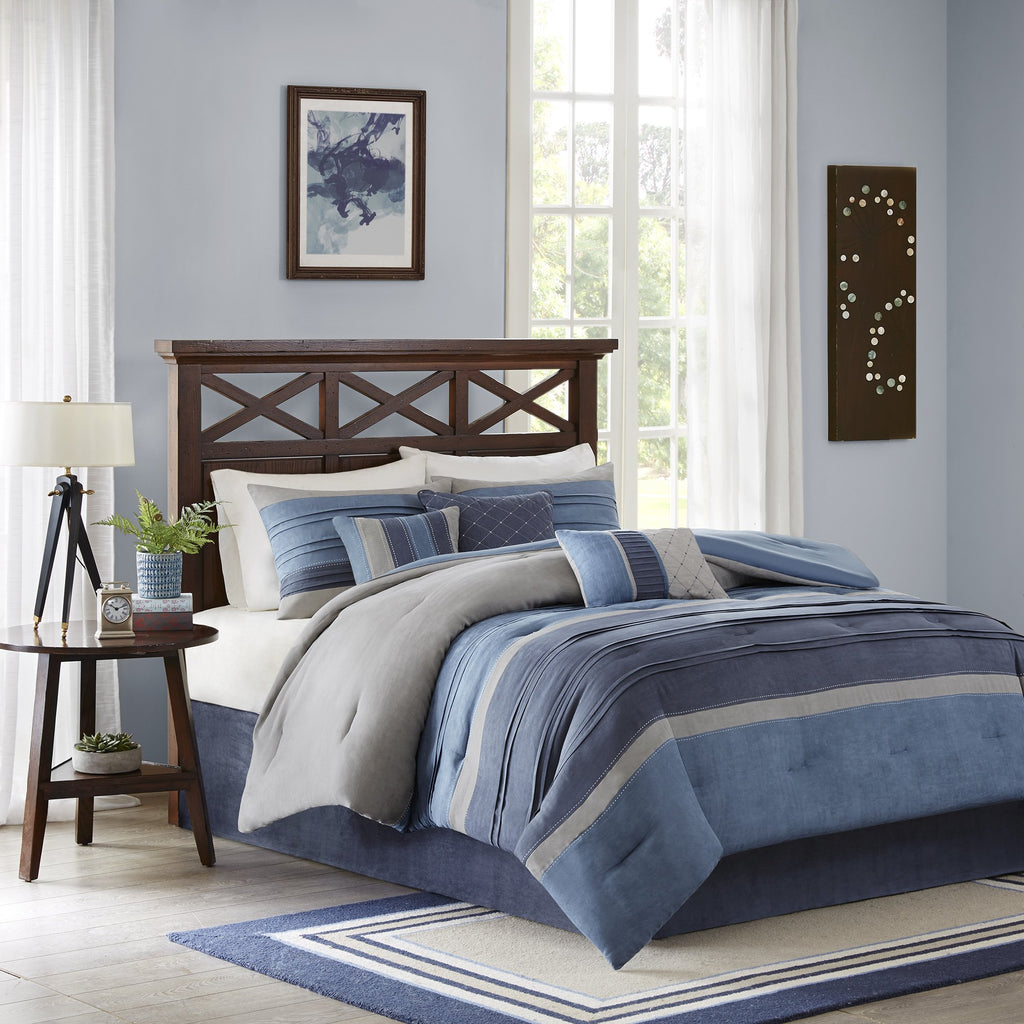 Madison Park Cozy Comforter Set Casual Modern Design - All Season Bedding, Matching Bed Skirt, Decorative Pillows, Collins, Suede Blue Grey King(104'X92') 7 Piece