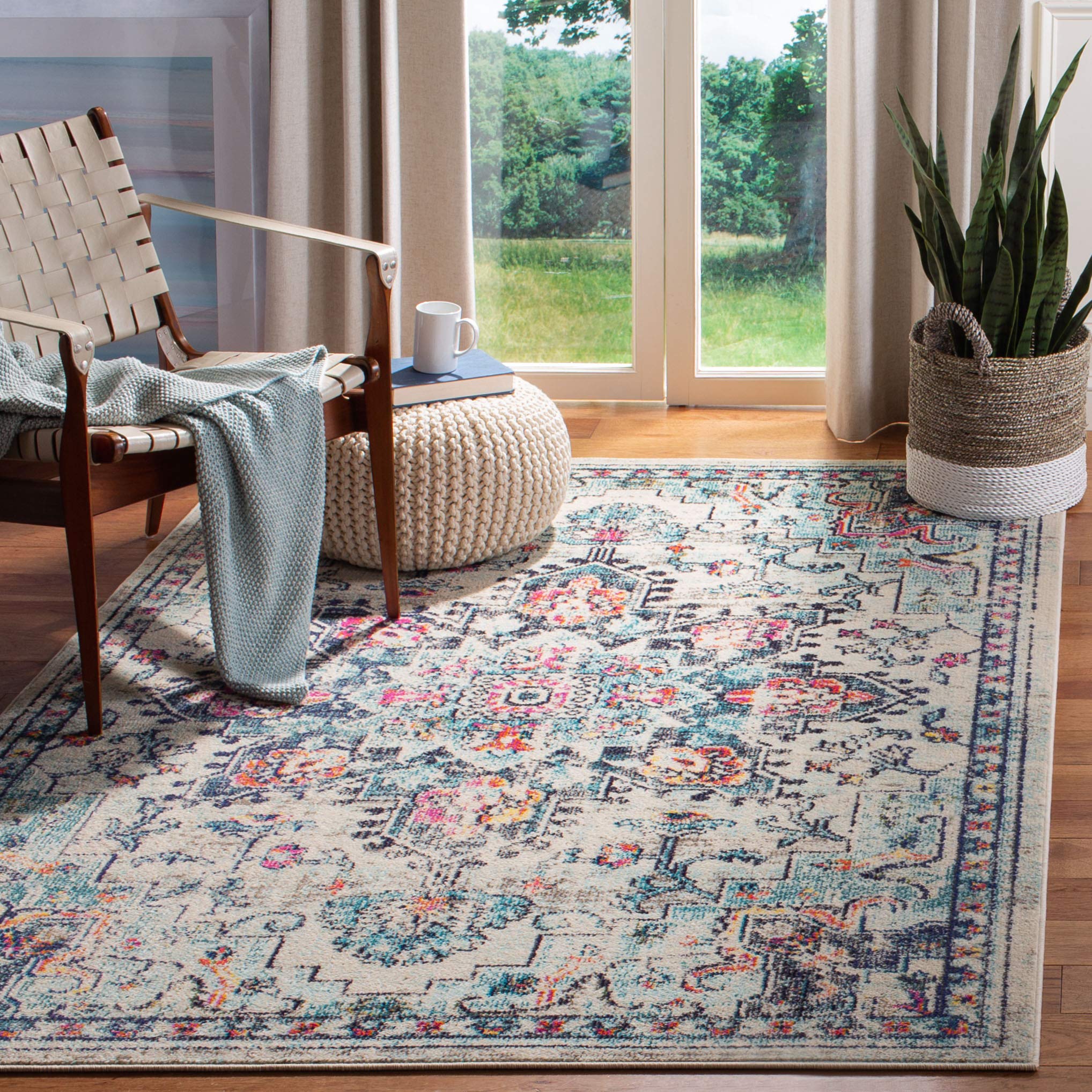 SAFAVIEH Madison Collection Accent Rug - 3 x 5, Cream & Blue, Medallion Distressed Design, Non-Shedding & Easy Care, Ideal for