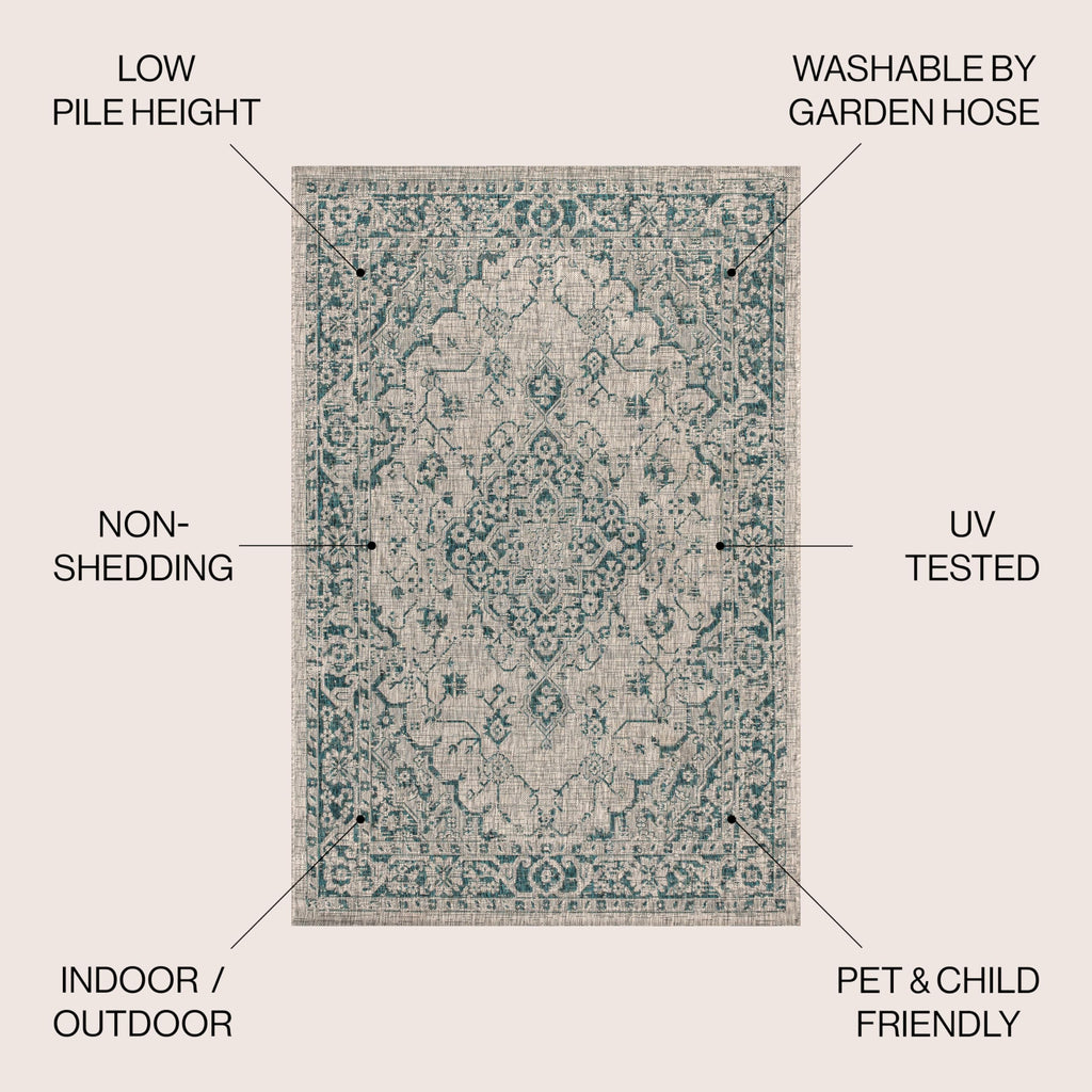 Jonathan Y Smb102C-8 Rozetta Boho Medallion Textured Weave Indoor Outdoor -Area Rug Coastal Bohemian Rustic Glam Easy-Cleaning Bedroom Kitchen Backyard Patio Non Shedding, 8 X 10, Gray/Teal