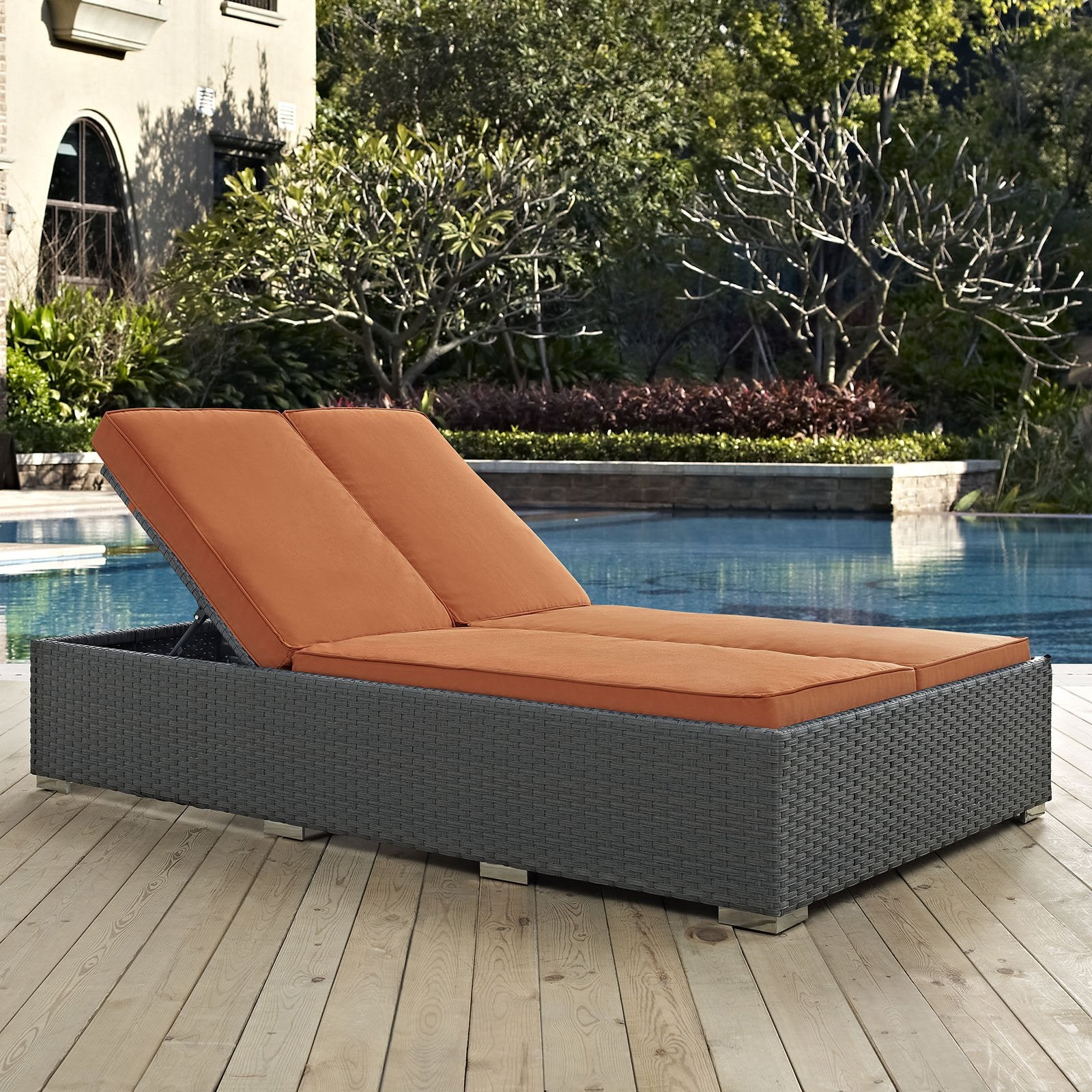 Modway Sojourn Double Chaise Lounge Chair Rattan Sunbrella Fabric Chocolate Tuscan 78.5"L x 47"W