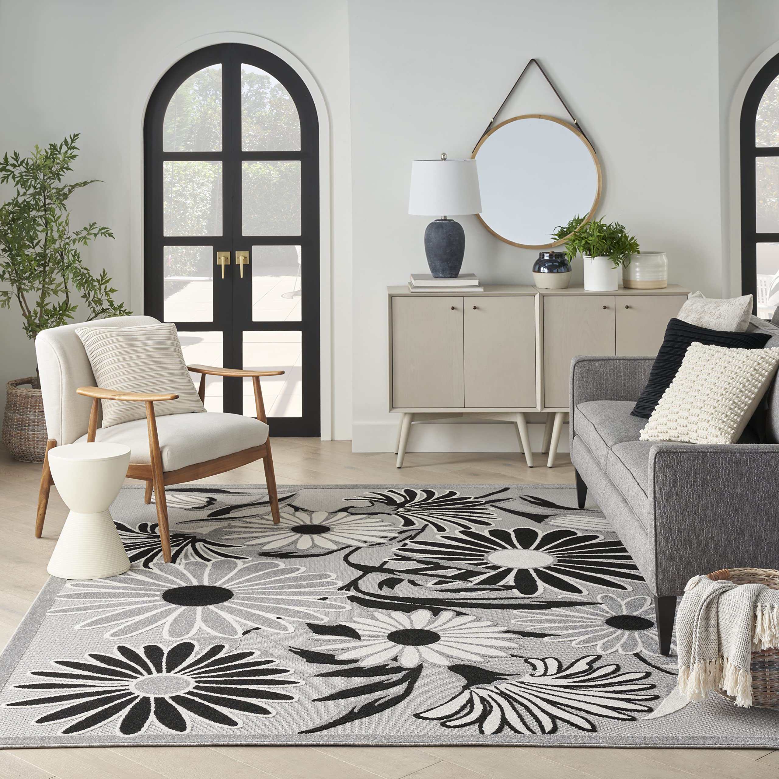 Nourison Aloha Indoor/Outdoor Black White 3'6' X 5'6' Area Rug, Easy Cleaning, Non Shedding, Bed Room, Living Room, Dining Room, Kitchen (4X6)
