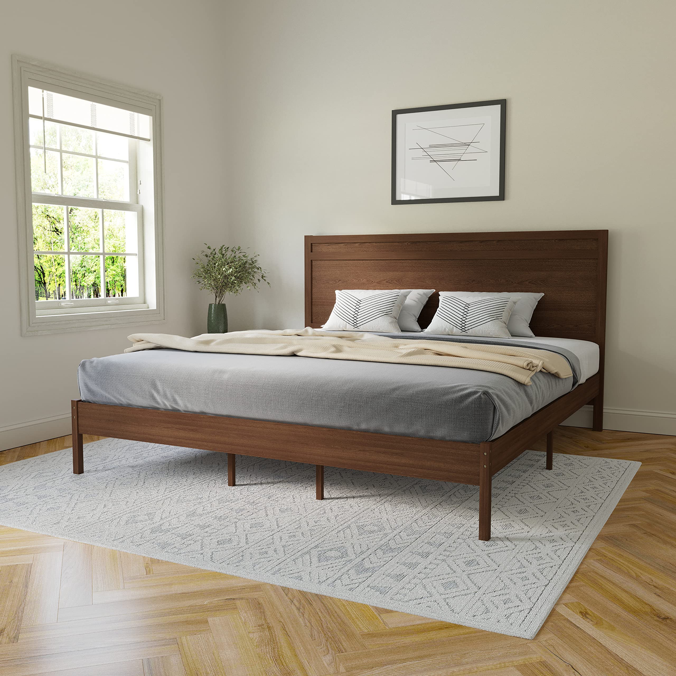 Modern King Size Wooden Platform Bed with Headboard
