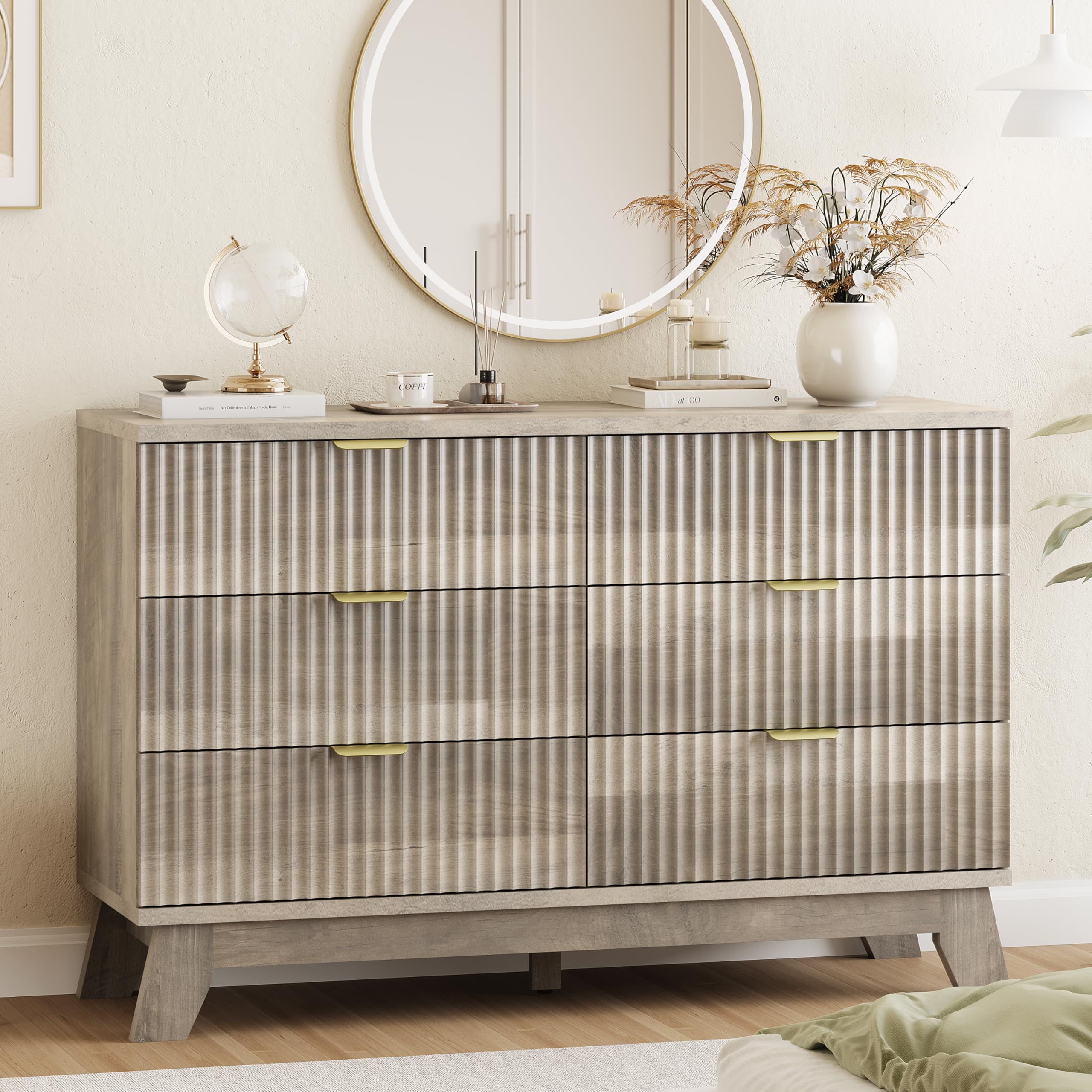 Xixini Fluted Dresser for Bedroom with 6 Drawers, 48 Wide Modern Chest of Drawers with Metal Handle, Wooden Dresser TV Stand, Wo
