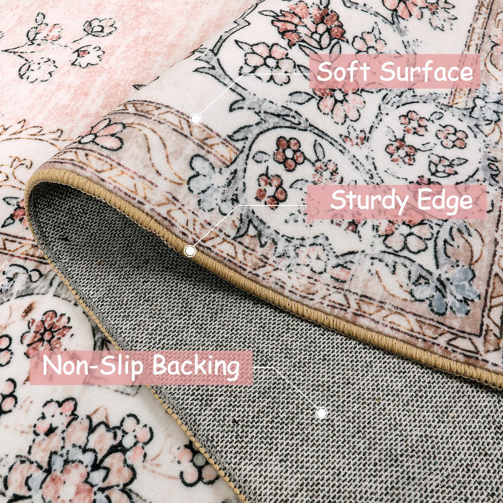 Lahome Pink Runner Rug 2'6''X8' With Rubber Backing, Boho Machine Washable Carpet Runners For Hallways Entryway Non-Slip, Soft F