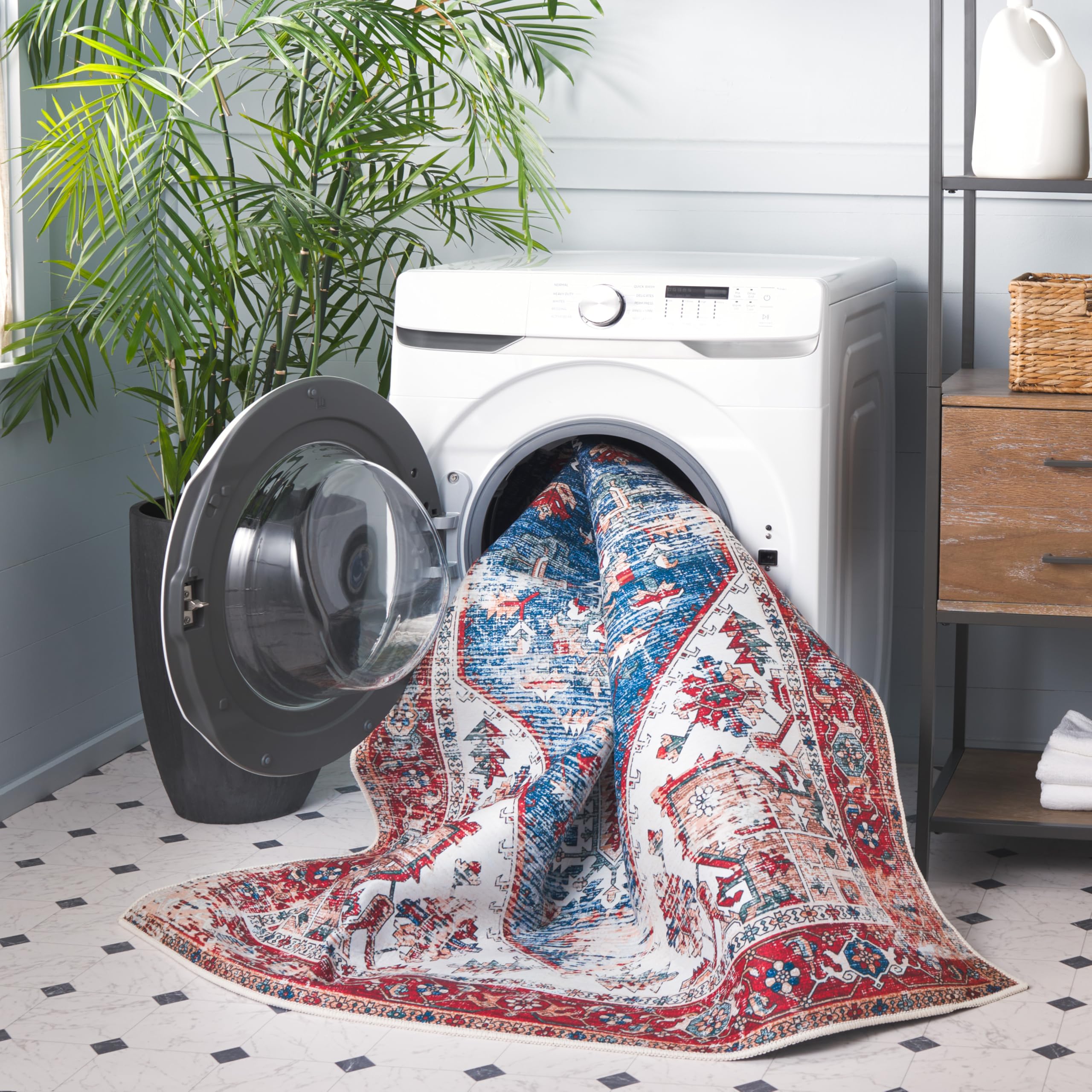 SAFAVIEH Washable Rug Tucson Collection - 8 Square, Blue & Red, Slip Resistant, Ideal for High Traffic Areas in Living Room, Be