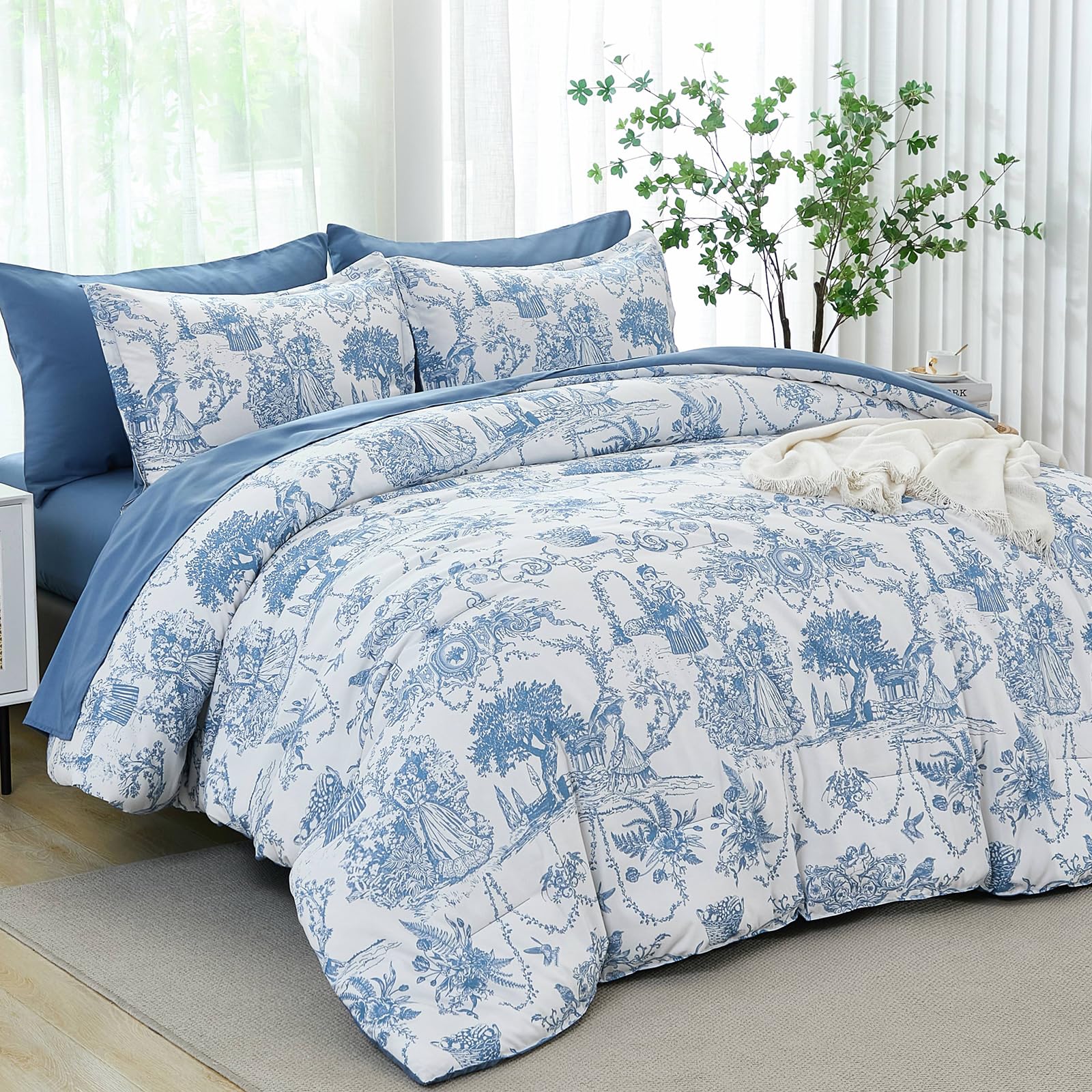 Xruibed Blue Comforter Set 7Pcs Bed In A Bag Toile De Jouy Design King Size