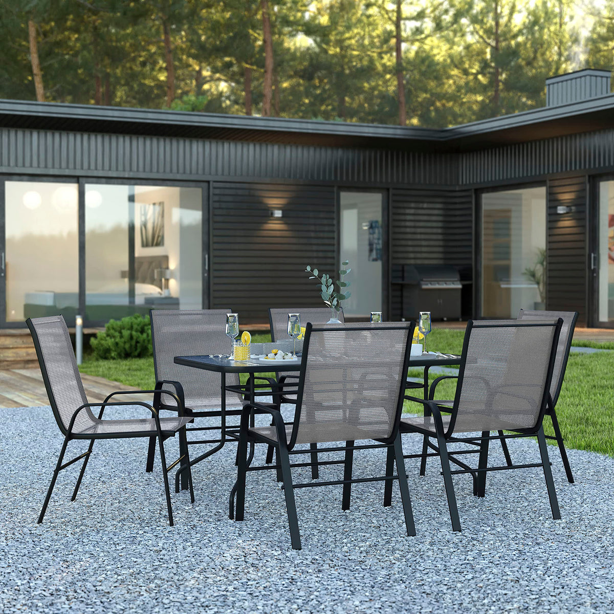 EMMA + OLIVER Seven Piece Indoor/Outdoor Dining Set - Metal Table with Tempered Glass Top - Six Gray Flex Comfort Chairs- Umbrel