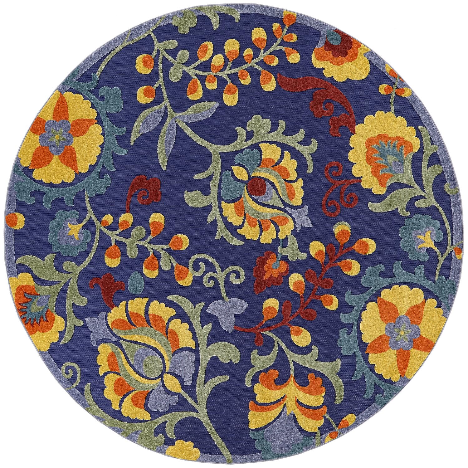 Nourison Aloha Indoor/Outdoor Modern Navy Multicolor 5'3' X Round Area Rug, Easy Cleaning, Non Shedding, Bed Room, Living Room,