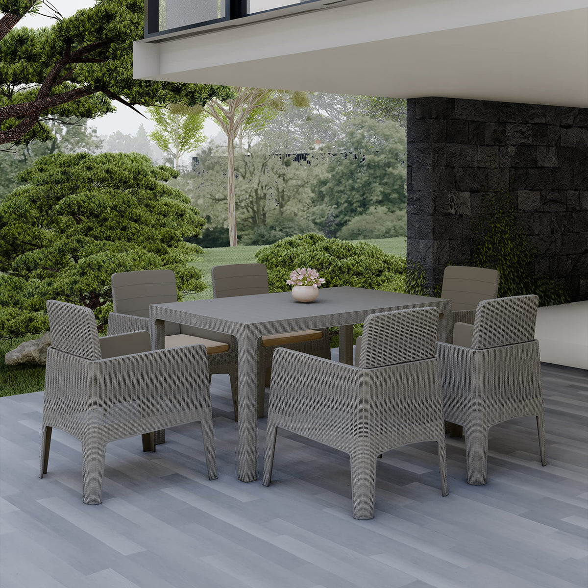 Dukap Lucca 7 Piece Patio Dining Set With Umbrella Hole, Outdoor Conversation Seats With All Weather Faux Rattan And Water Resistance | Grey