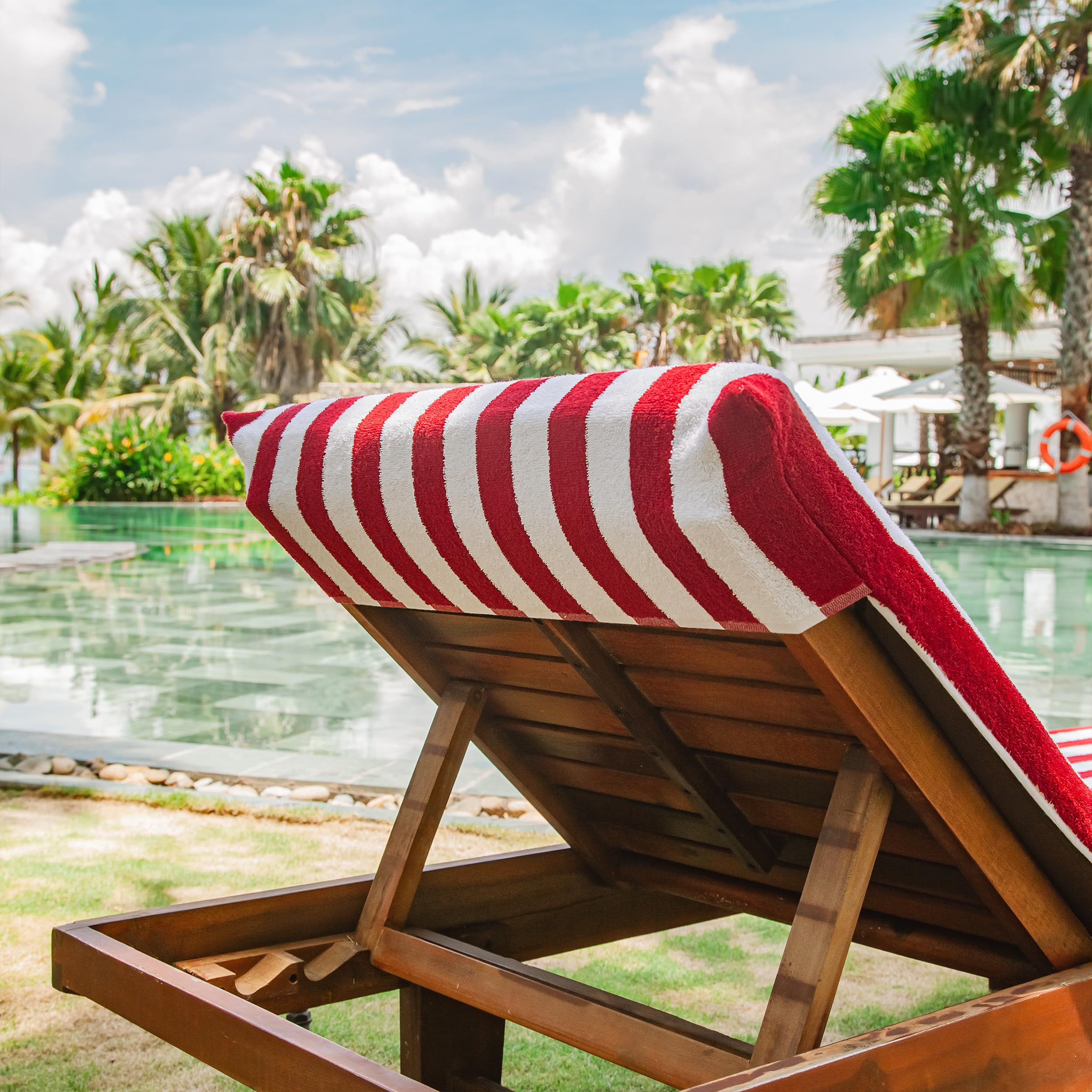 Arkwright California Chaise Lounge Cover - Case Of 12 - Striped Soft Cotton Cabana Towel With Pocket Holder For Beach Pool Outdoor Chair, 30 X 85 In., Red