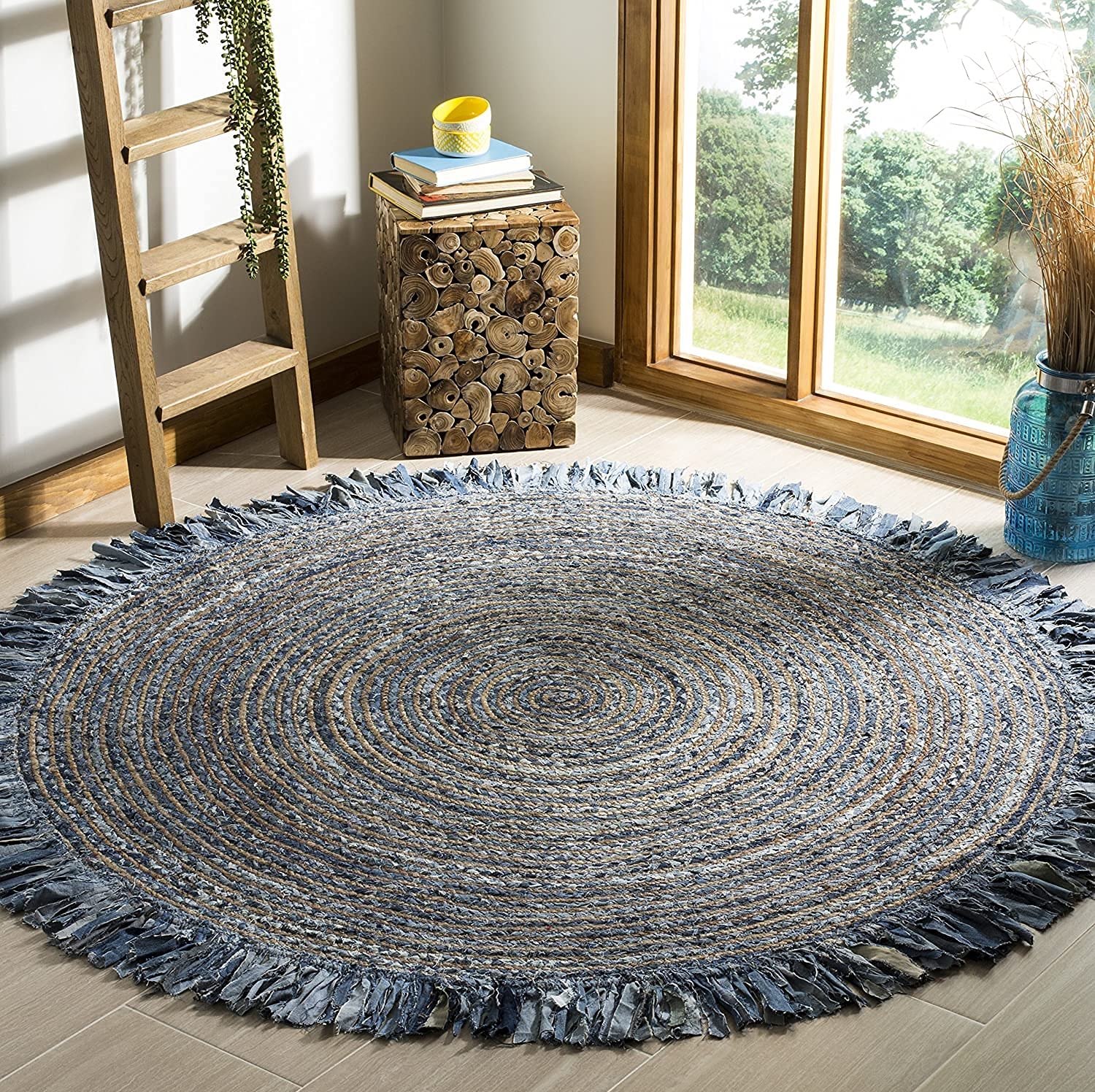 SAFAVIEH Cape Cod Collection Area Rug - 5 Round, Ivory & Light Beige, Handmade Boho Fringe Jute & Cotton, Ideal for High Traffi