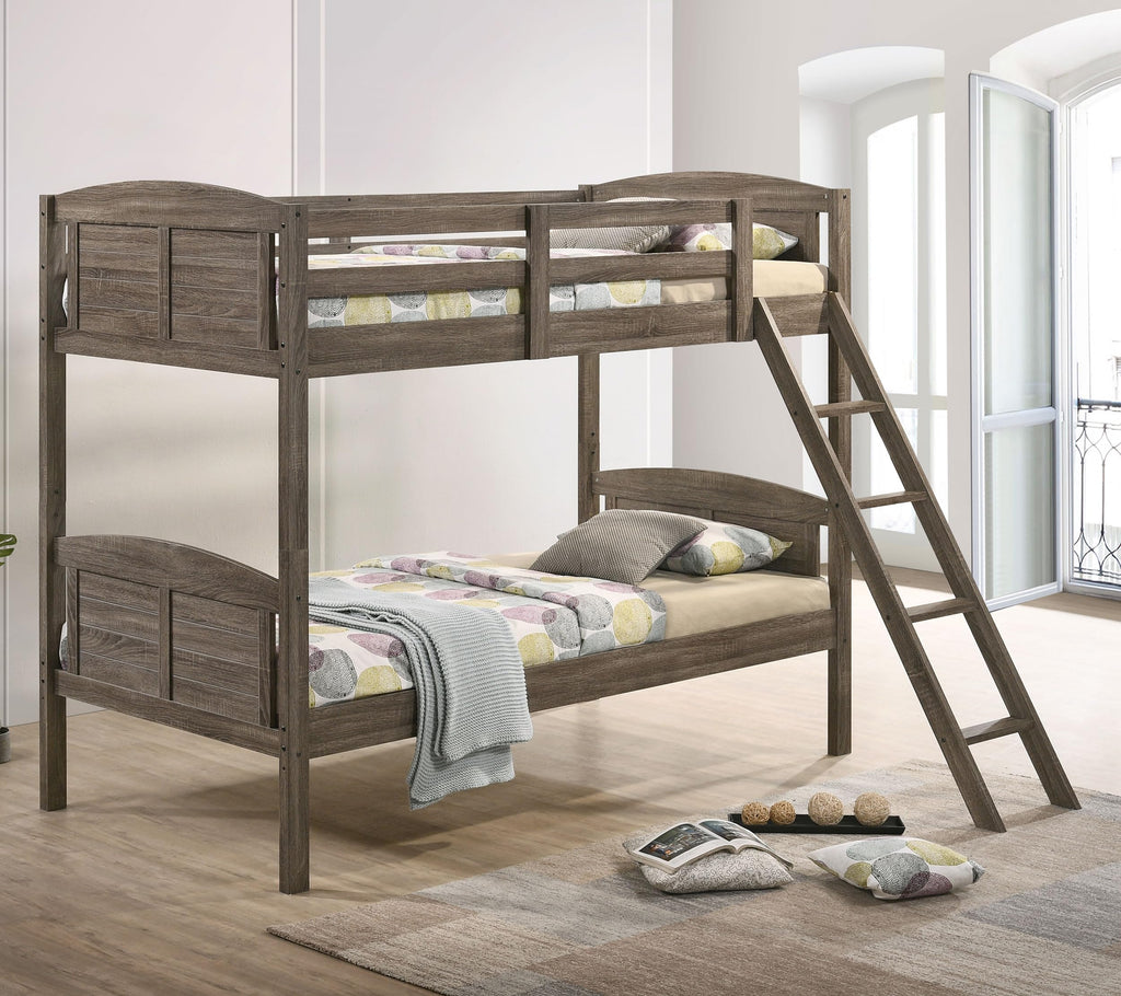 Coaster Home Furnishings Flynn Farmhouse Wood Twin Over Twin Size Bunk Bed Frame with Ladder and Guardrails Fully Slatted Mattress Ready Foundation Weathered Brown 400808