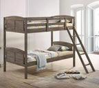 Coaster Home Furnishings Flynn Farmhouse Wood Twin Over Twin Size Bunk Bed Frame with Ladder and Guardrails Fully Slatted Mattress Ready Foundation Weathered Brown 400808