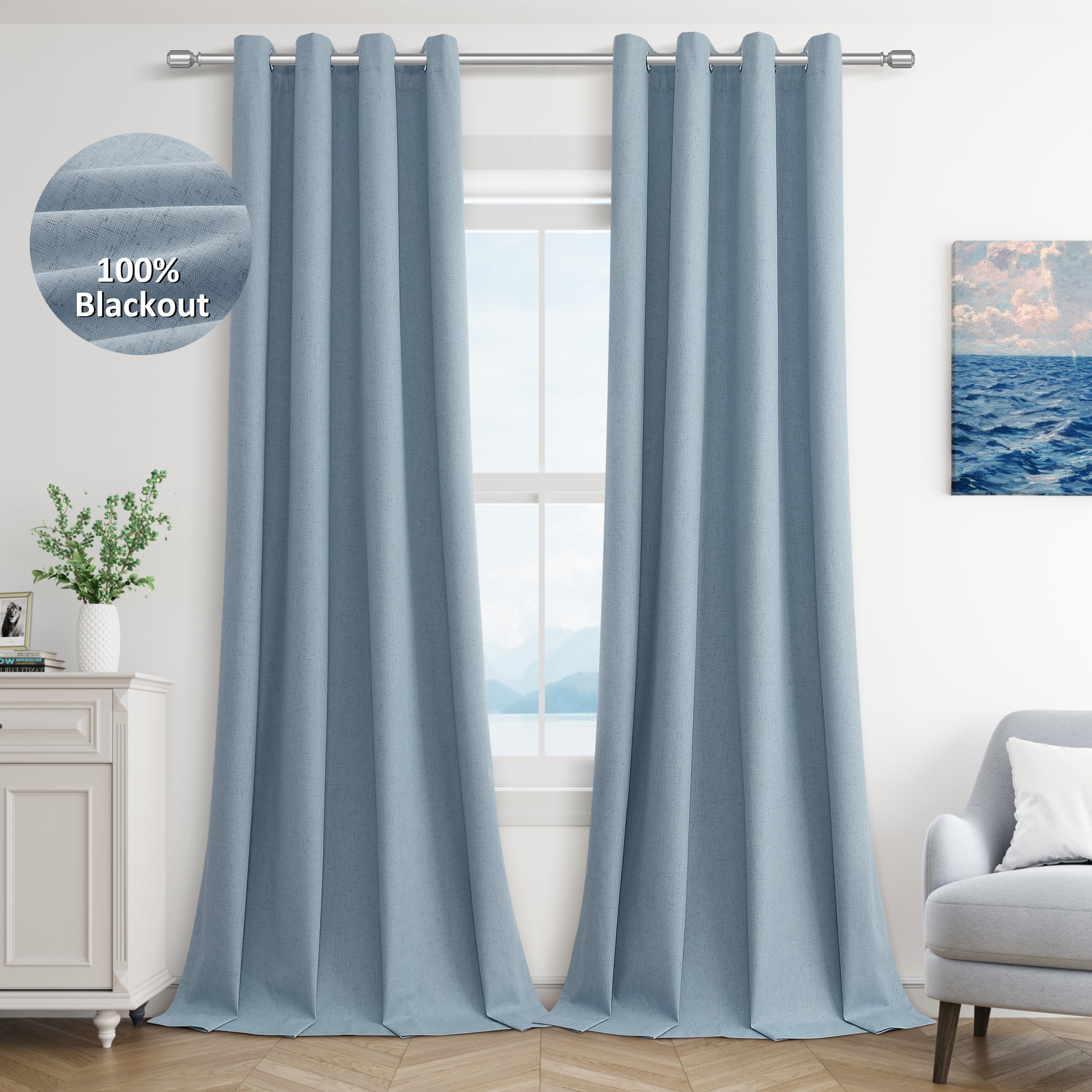 Jowels Blue Linen Blackout Curtains 90 Length 2 Panels Set for Living Room Bedroom, 100% Black Out Thermal Insulated Linen Drape