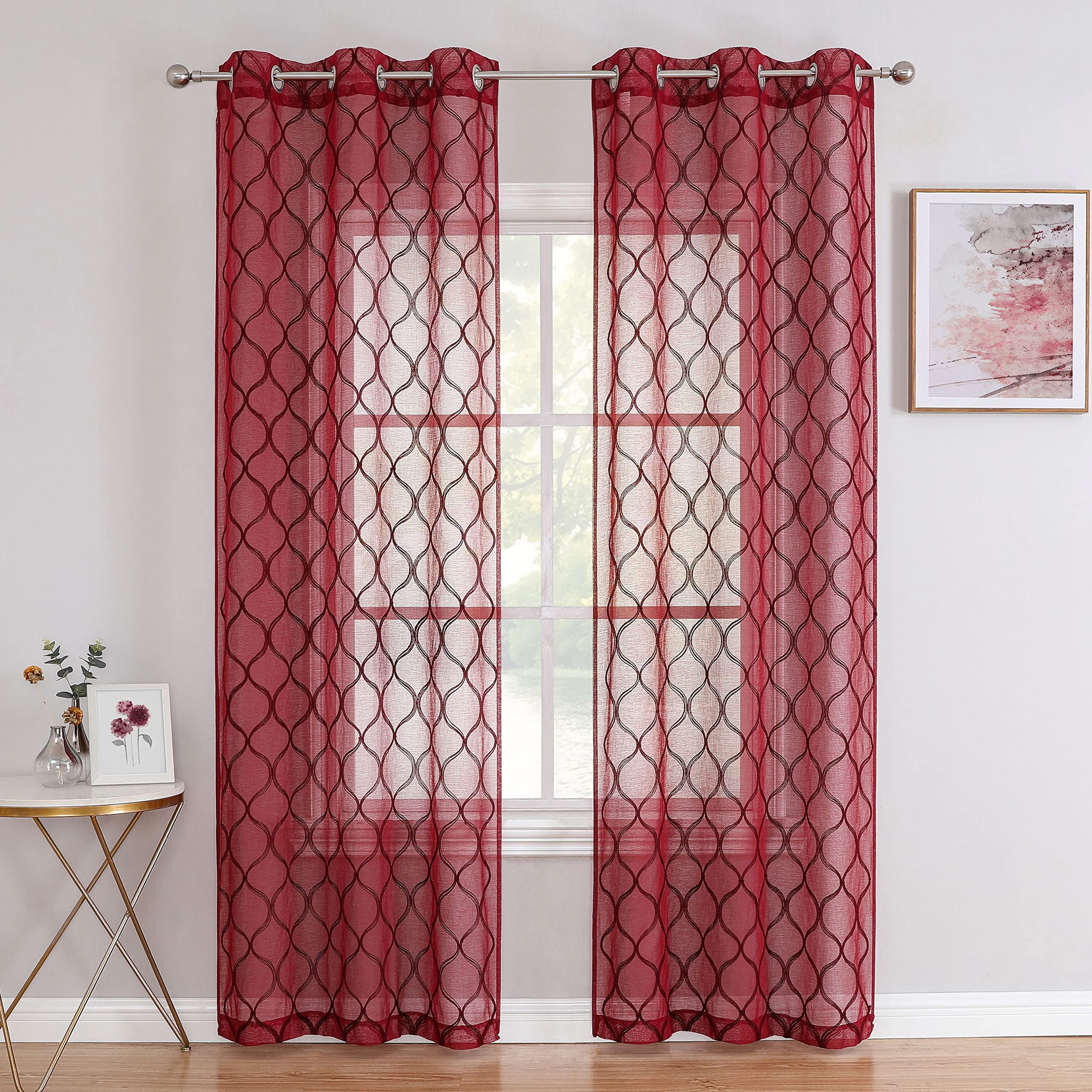 Bujasso Red Sheer Curtains 84 inch Embroidered Geometric Pattern Light Filtering Window Panels for Living Room Bedroom Modern Mo