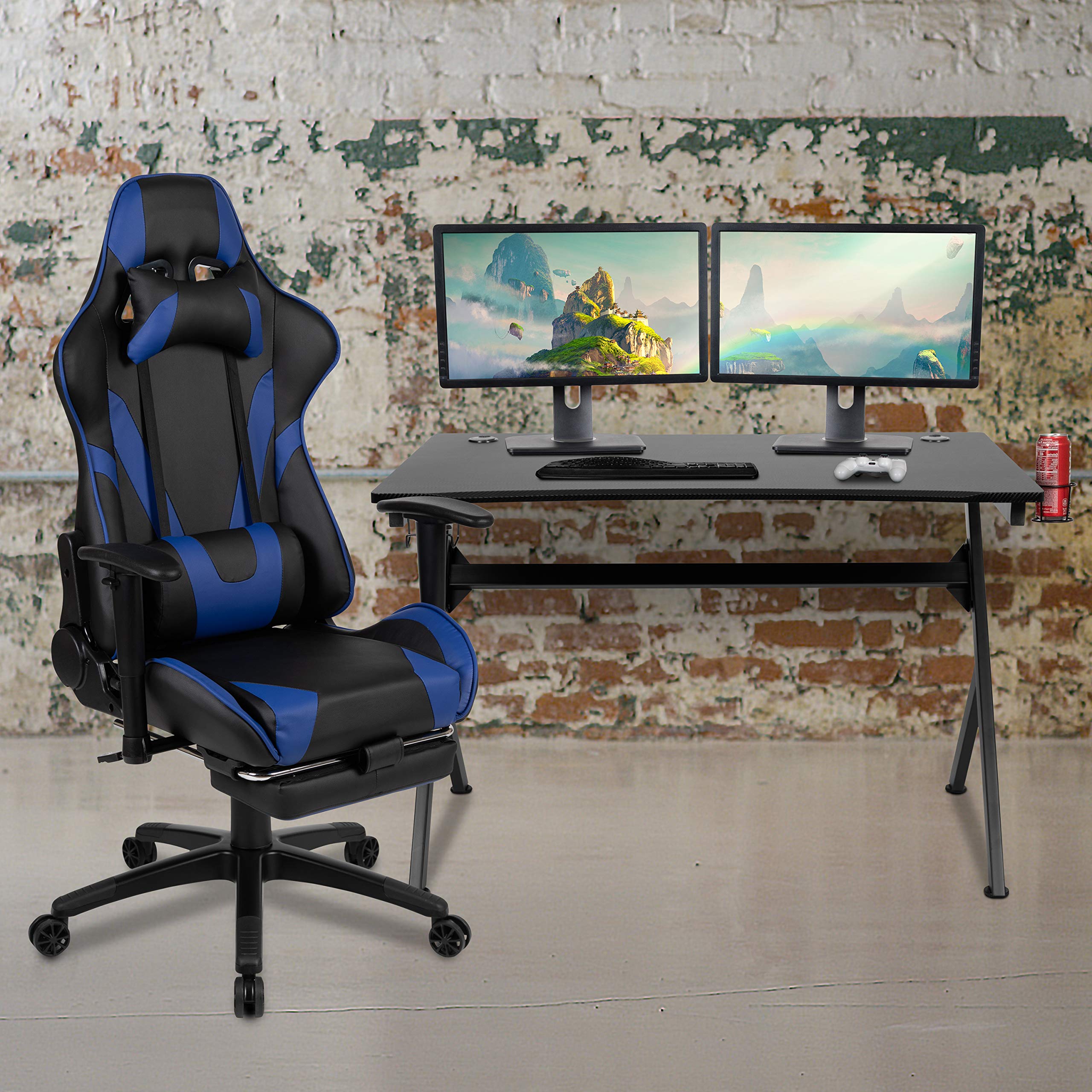 Flash Furniture Optis Black Gaming Desk And Blue Footrest Reclining Gaming Chair Set With Cup Holder, Headphone Hook & 2 Wire Management Holes