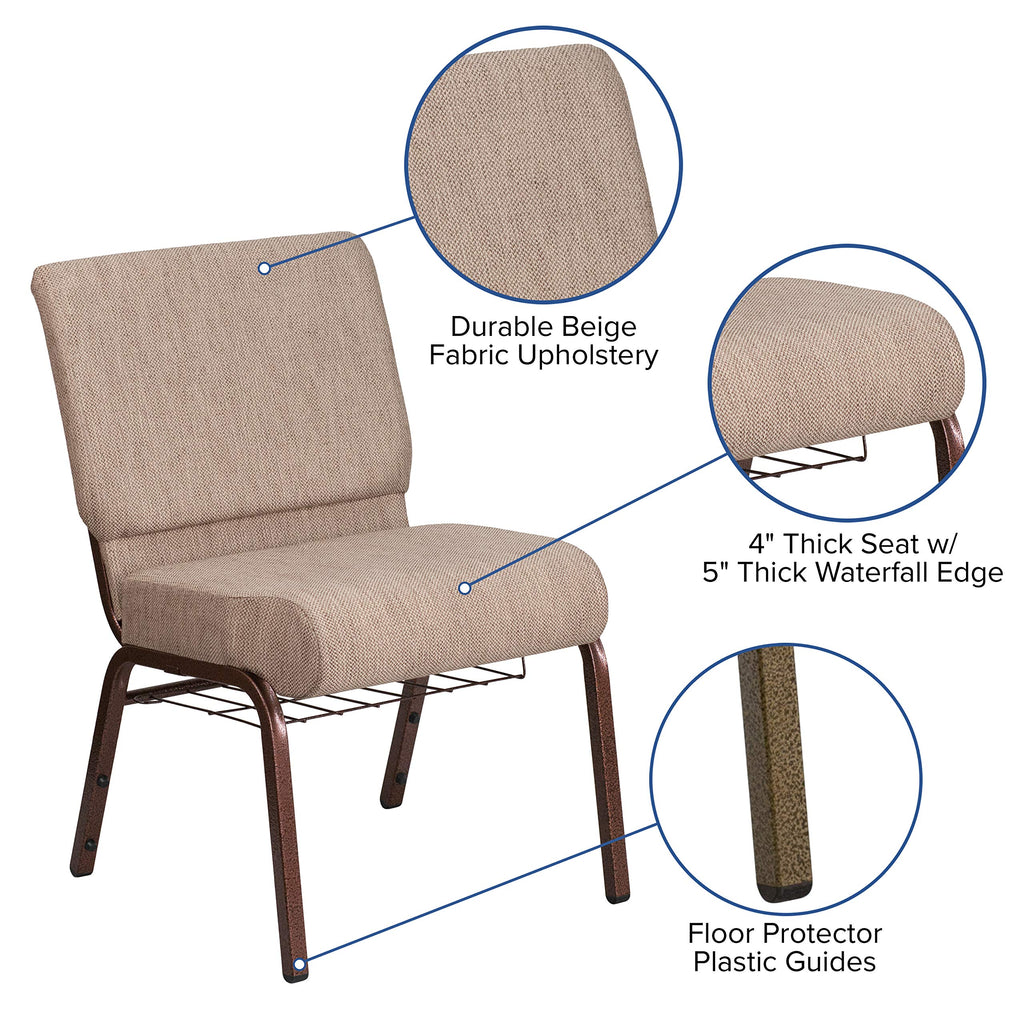Flash Furniture Hercules Series 21''W Church Chair In Beige Fabric With Book Rack - Copper Vein Frame