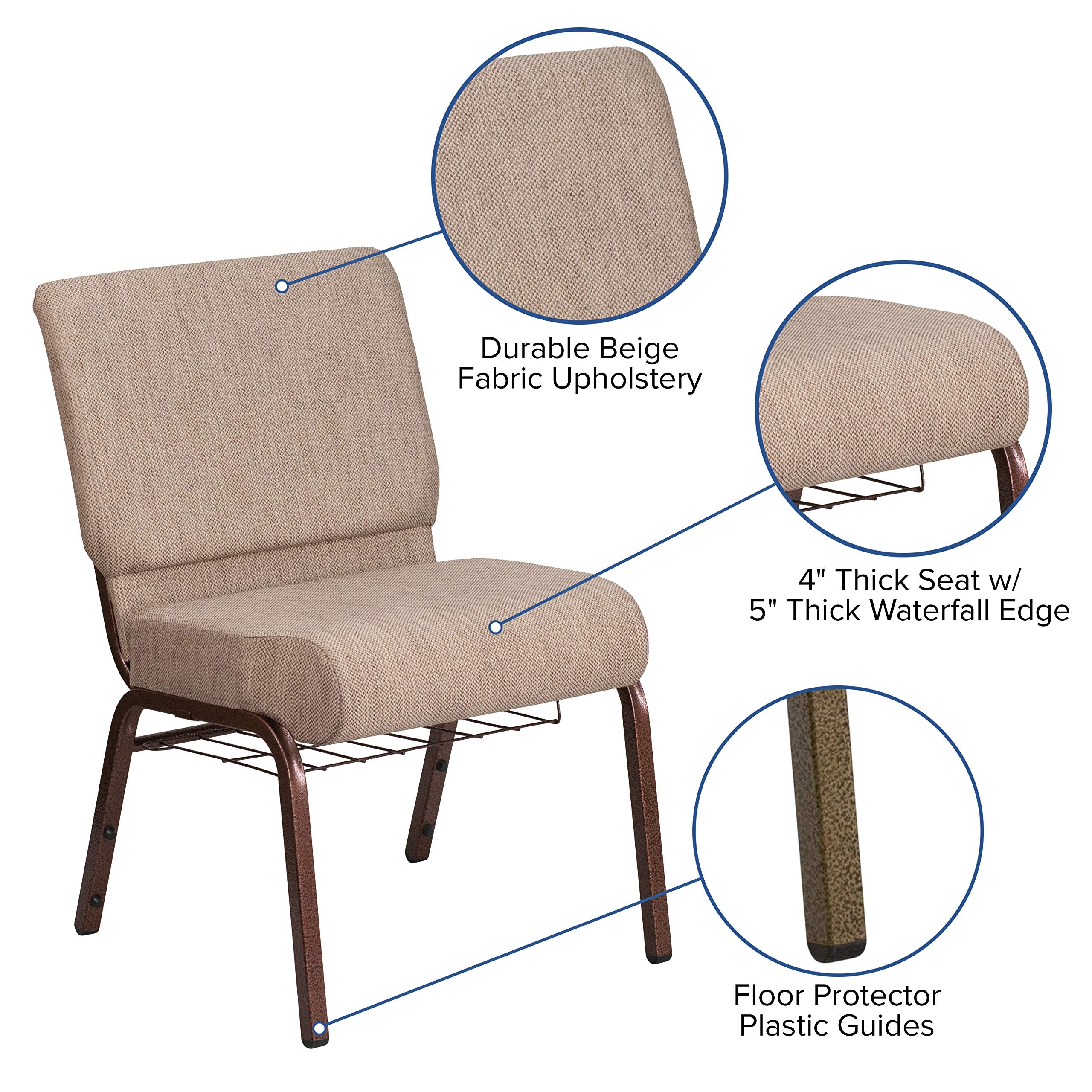 Flash Furniture Hercules Series 21''W Church Chair In Beige Fabric With Book Rack - Copper Vein Frame