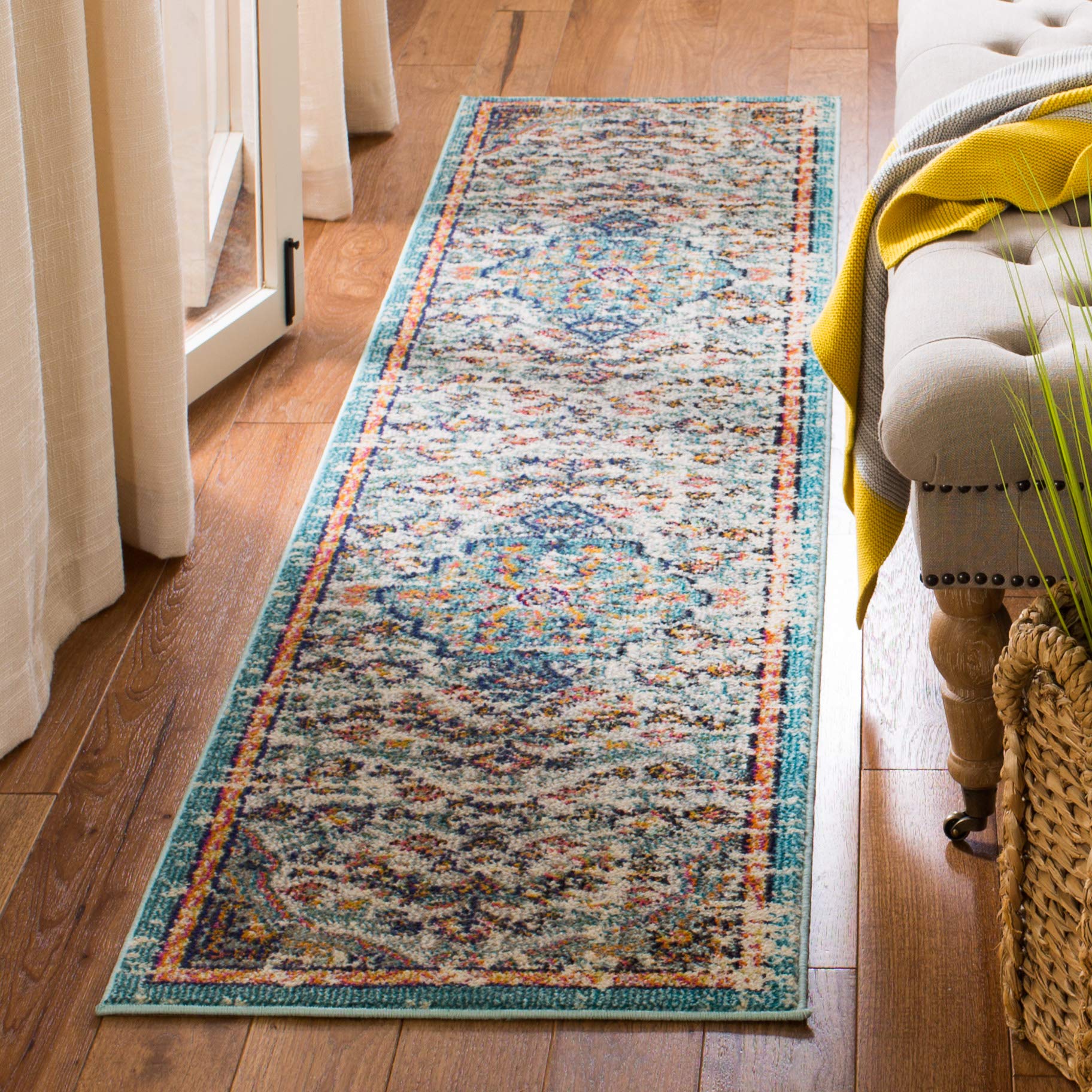 SAFAVIEH Madison Collection Runner Rug - 22 x 10, Grey & Light Blue, Boho Chic Medallion Distressed Design, Non-Shedding & Eas