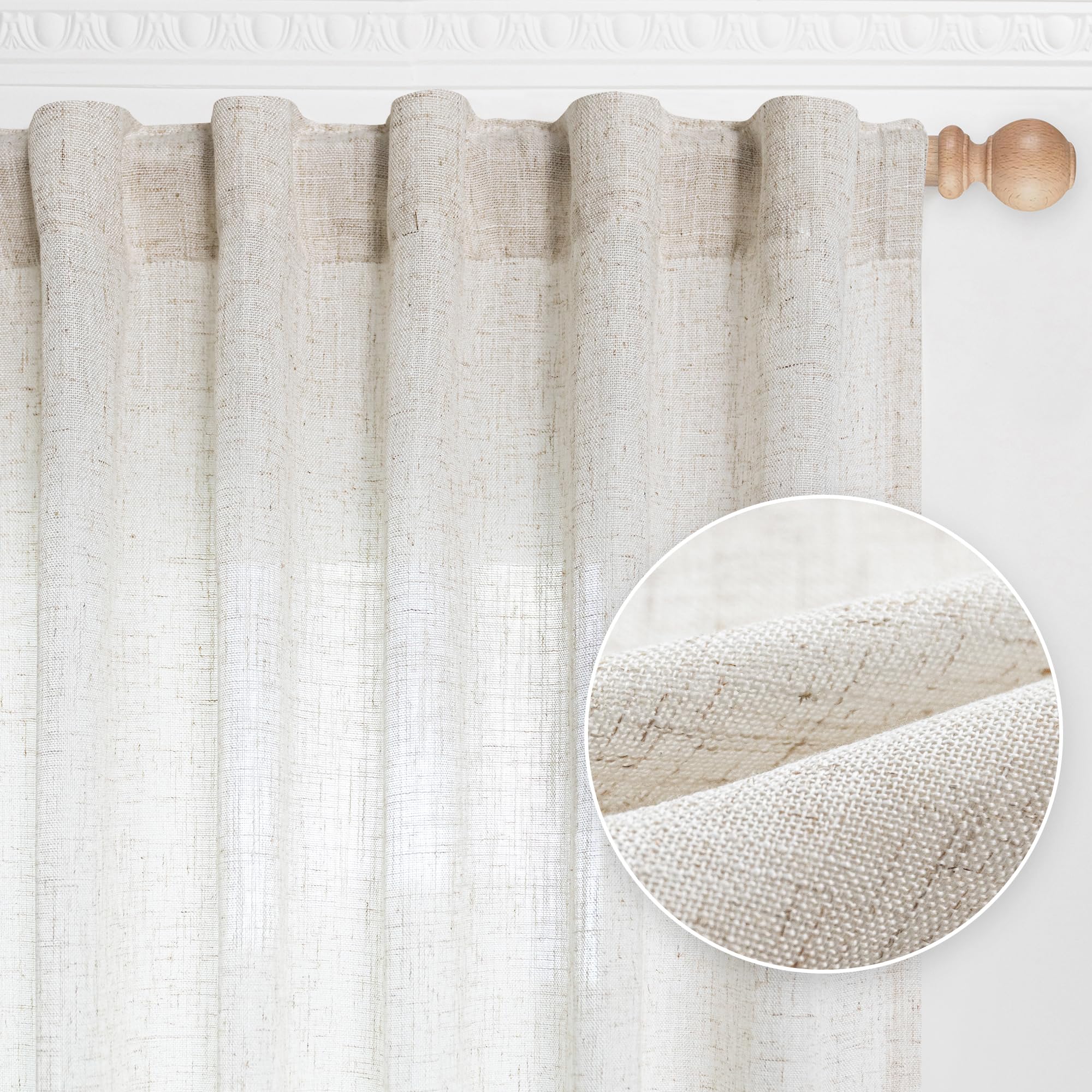 Mysky Home Country Curtains For Sliding Glass Door, Back Tab Semi Sheer Curtain Panels Extra Long Floor Length Drapes Linen Text