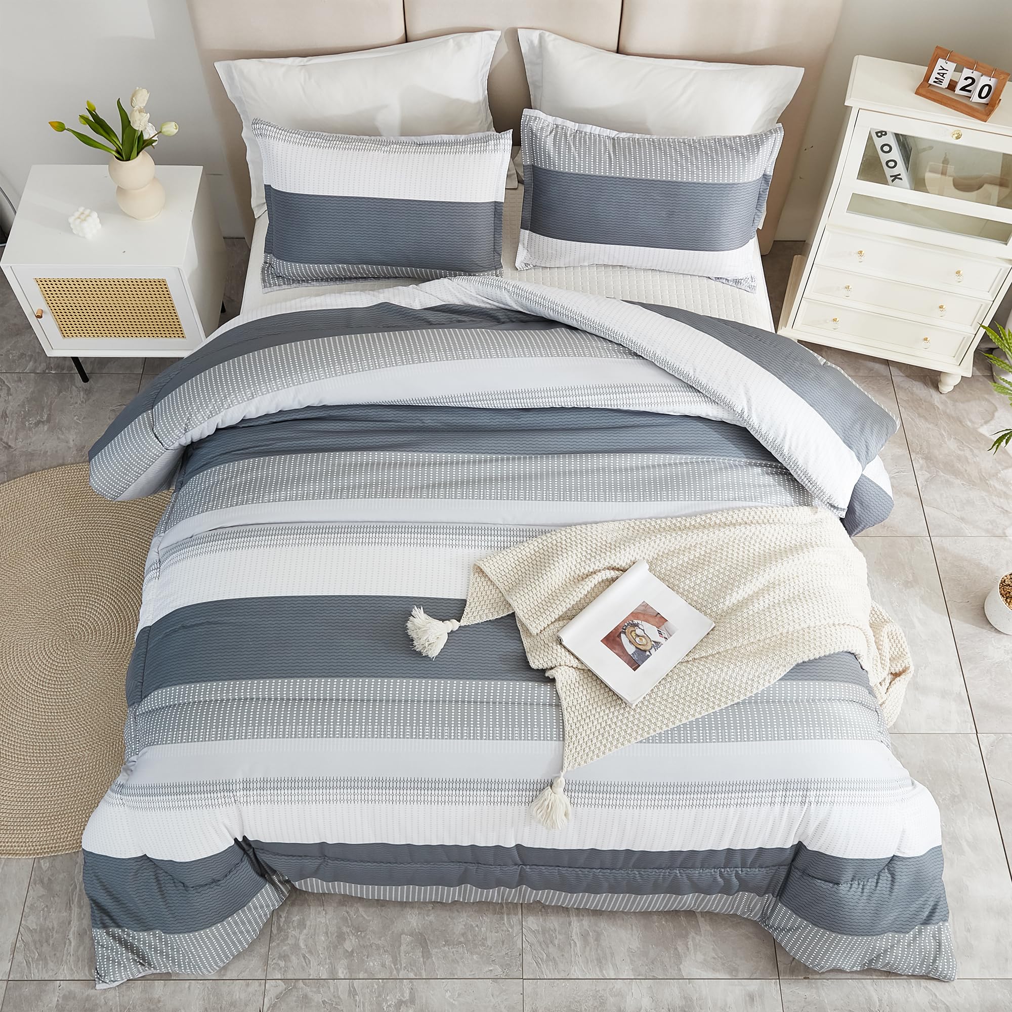 Litanika Queen Comforter Set Light Grey - 3 Pieces Lightweight Gray White Colorblock Stripe Fluffy Bedding Comforter Sets, All S