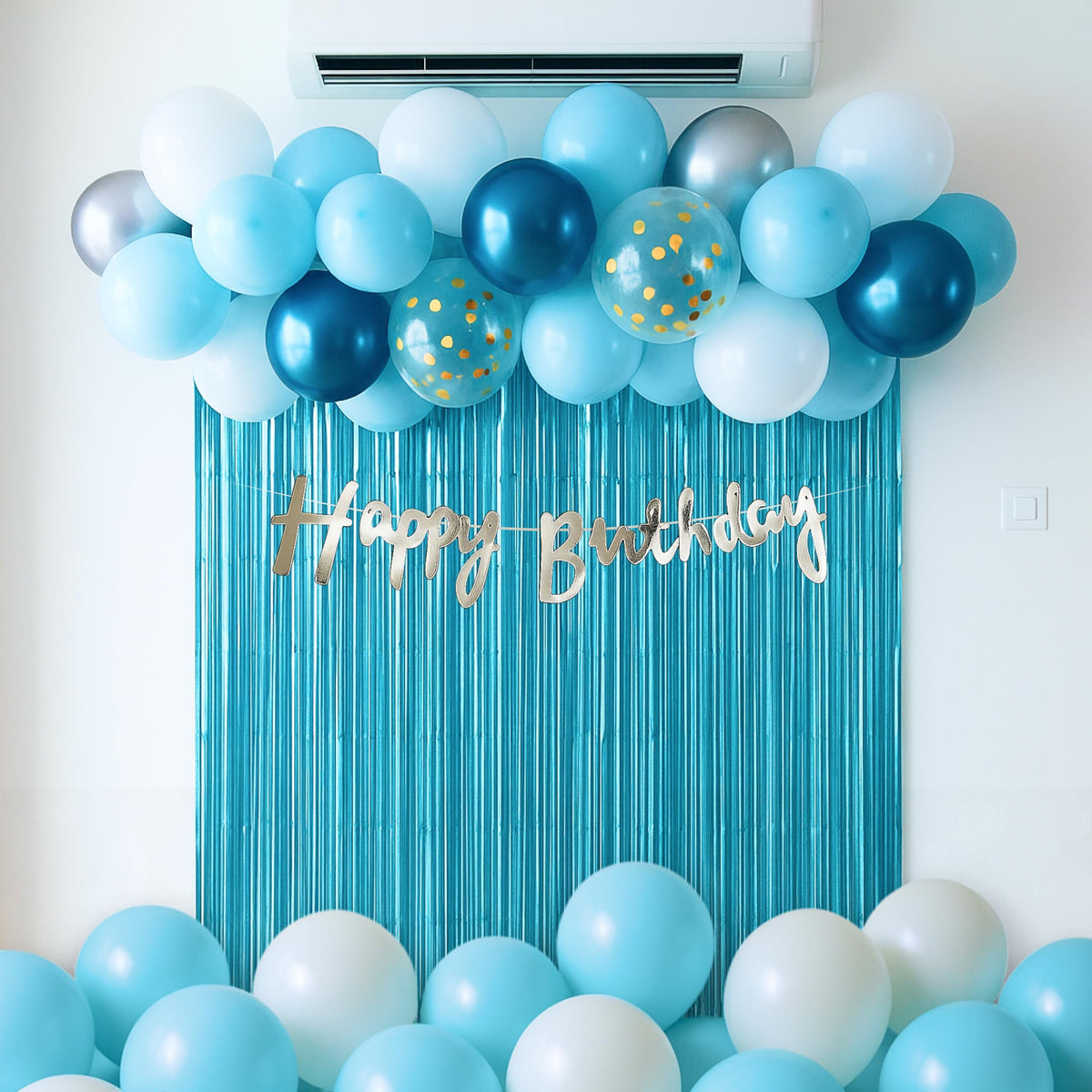 The FOMO Factory 53 Pcs Pastel Blue Birthday Decoration Kit | Metallic Shiny Balloon Arch + Large Pastel Blue Curtain + HBD Bann