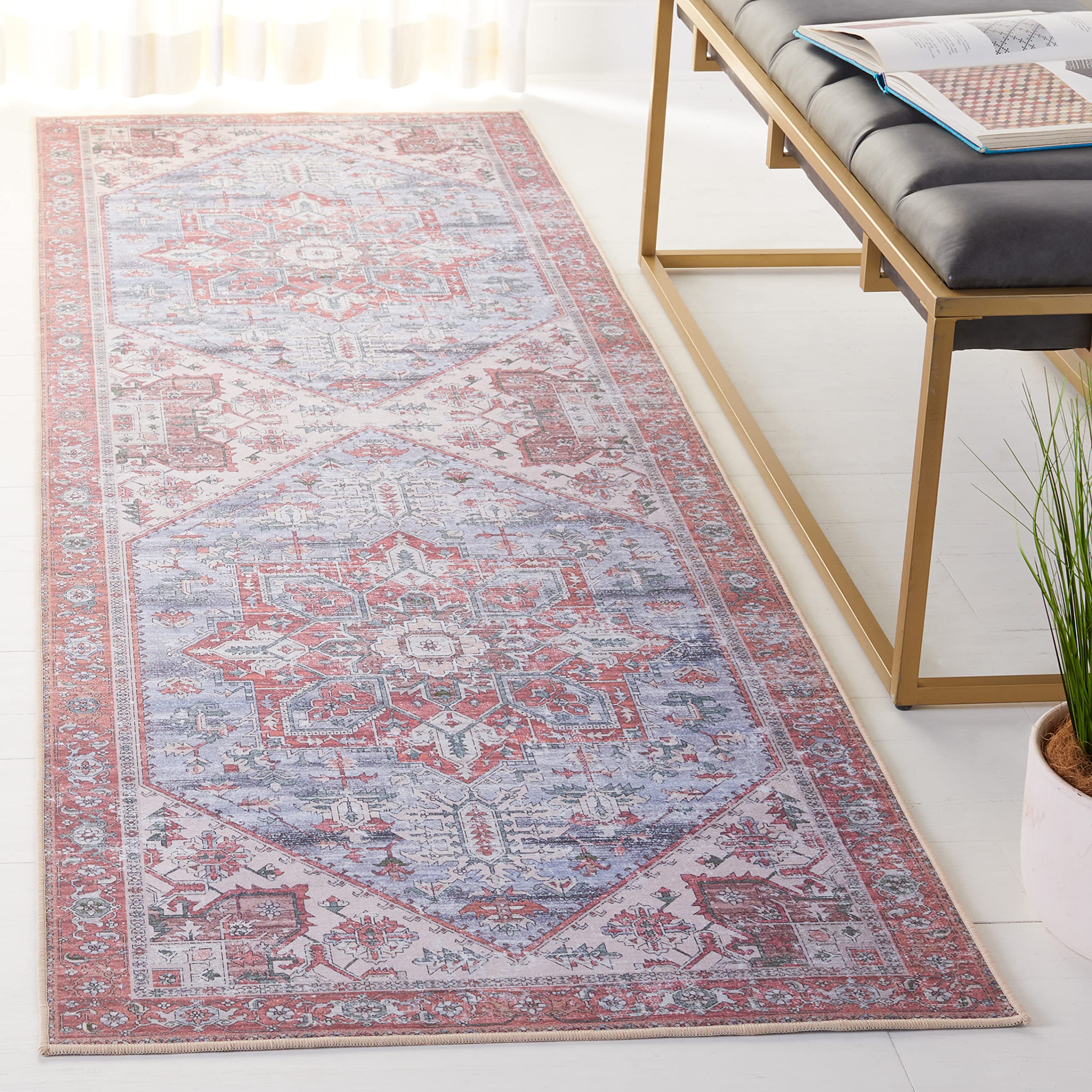 SAFAVIEH Washable Rug Tucson Collection - 26 x 20 Runner, Grey Blue & Rust, Slip Resistant, Ideal for High Traffic Areas in Li