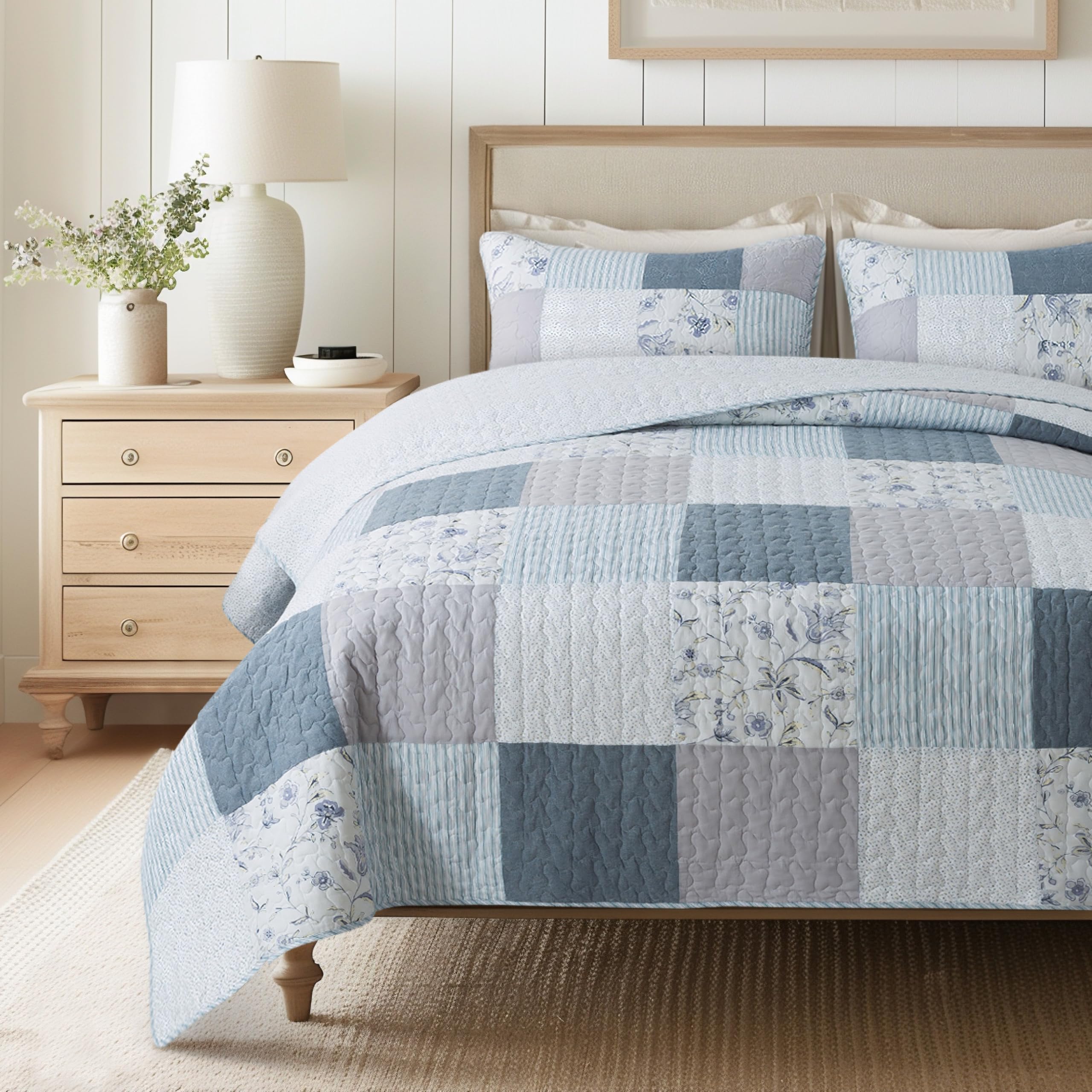 Slpr Coastal Dream Cotton Pieced Quilt Set - Twin Size With 1 Sham, Soft Purple & Blue Patchwork Quilted Bedspread, Farmhouse Co
