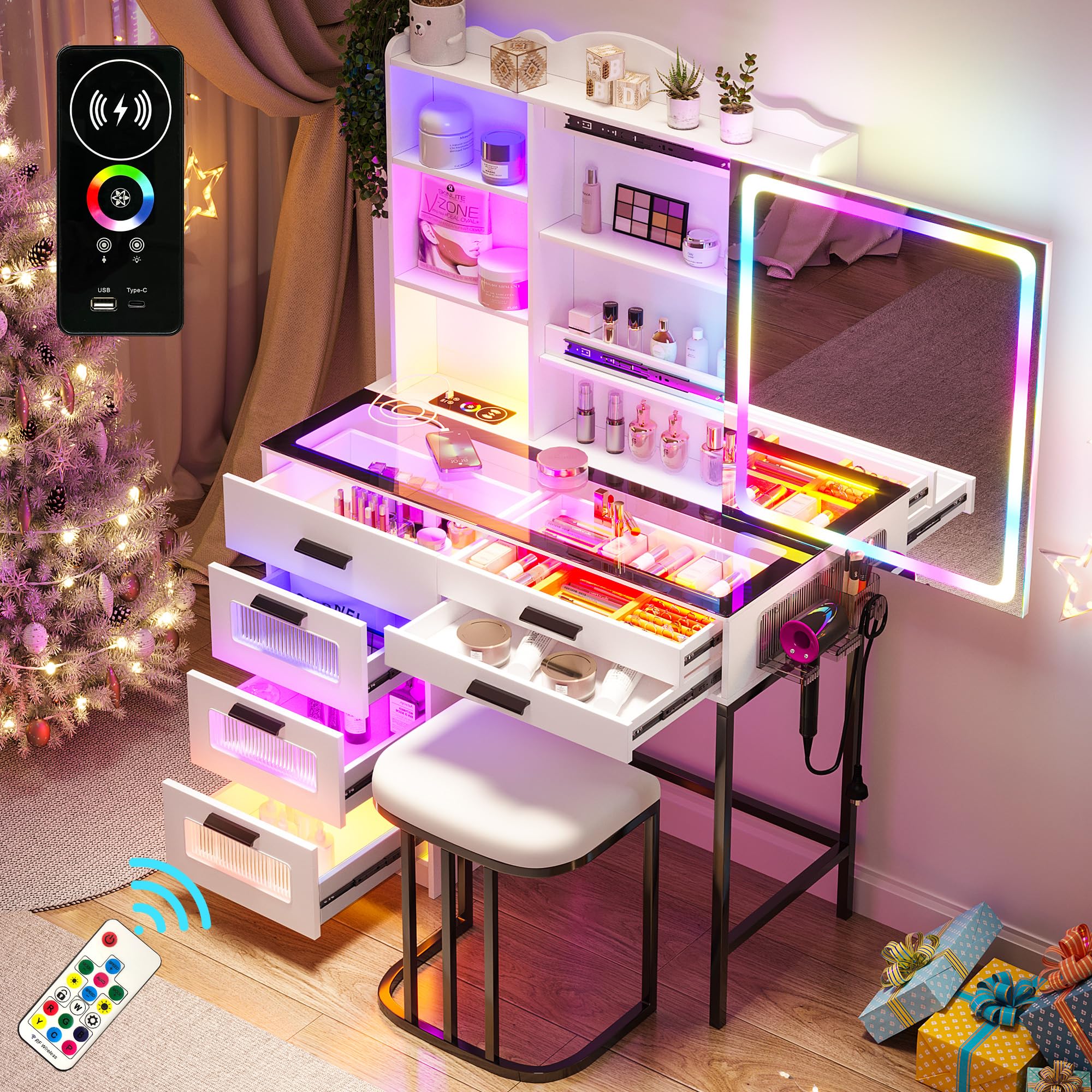 WOOVIVS Glass Top Vanity with LED Mirror, 6 Drawer Dresser with Charging Station for Bedroom, Small Makeup Vanitys Table with RG