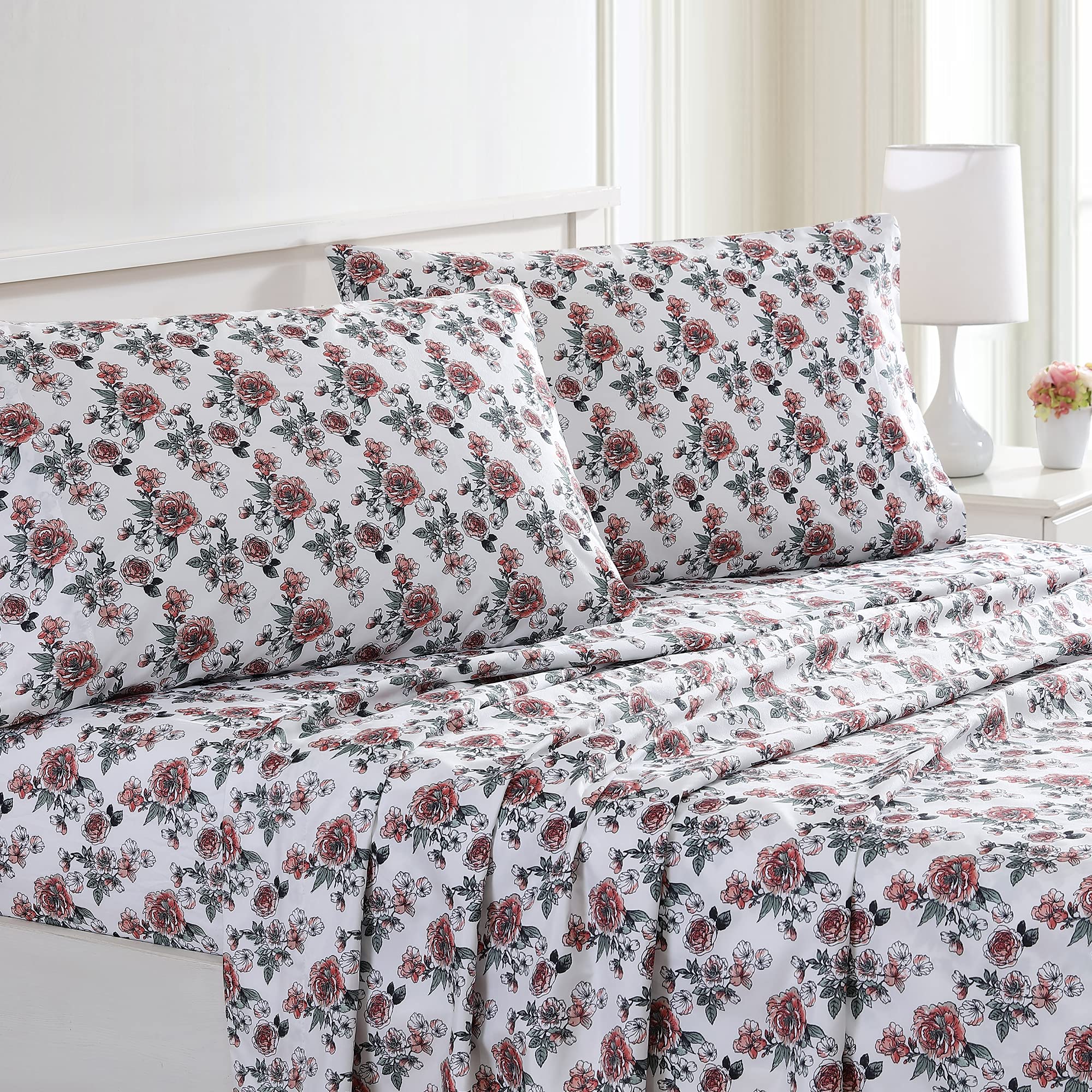 Modern Threads Printed 4-Piece Extra Soft Bedding Sheets & Pillowcase Set, Deep Pocket Up To 16 Inch Mattress Rose Bloom King