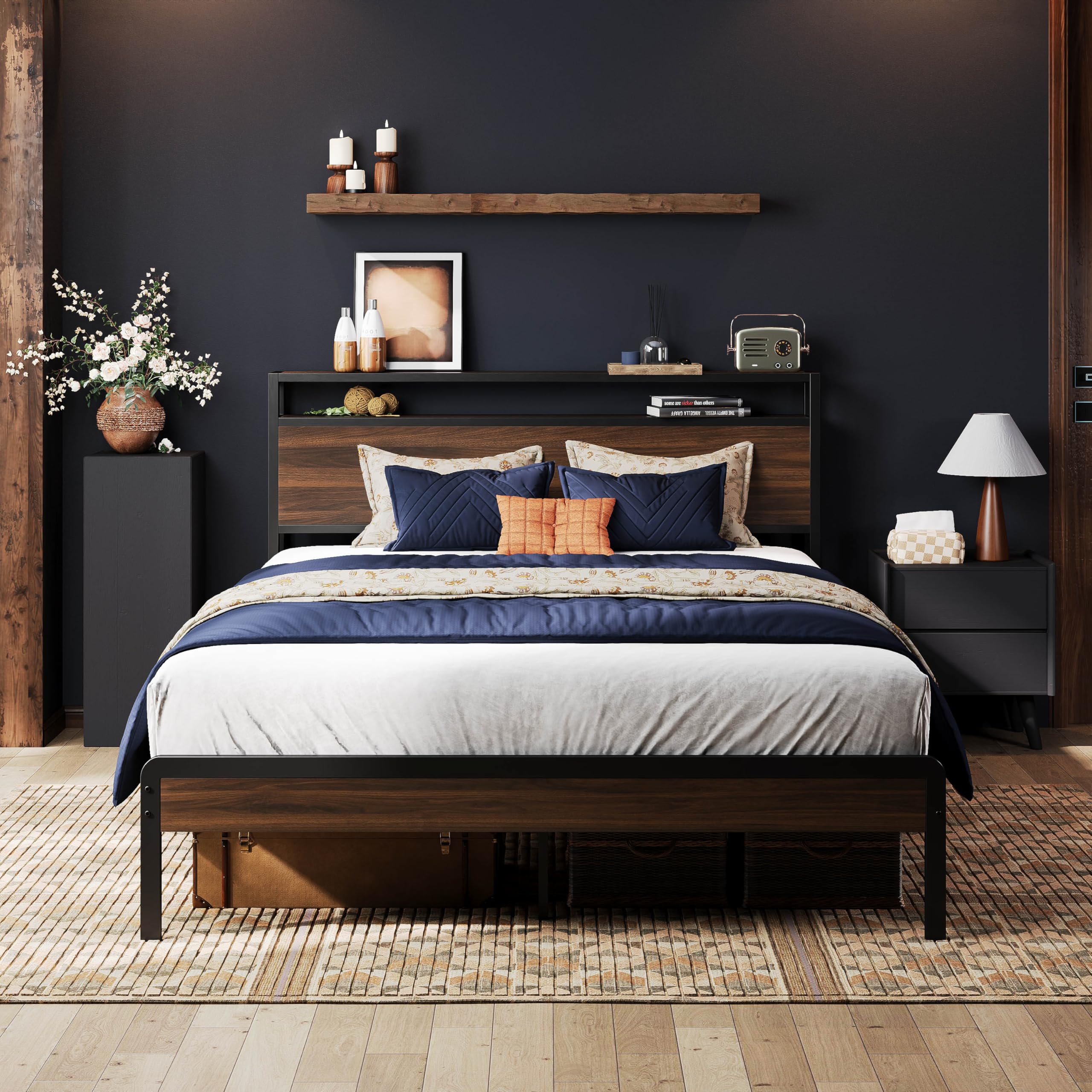 LIKIMIO Full Bed Frame with Headboard, Dark Wood Camas Full with Strong Supports, Sturdy, Noise-Free, No Box Spring Needed, Dark
