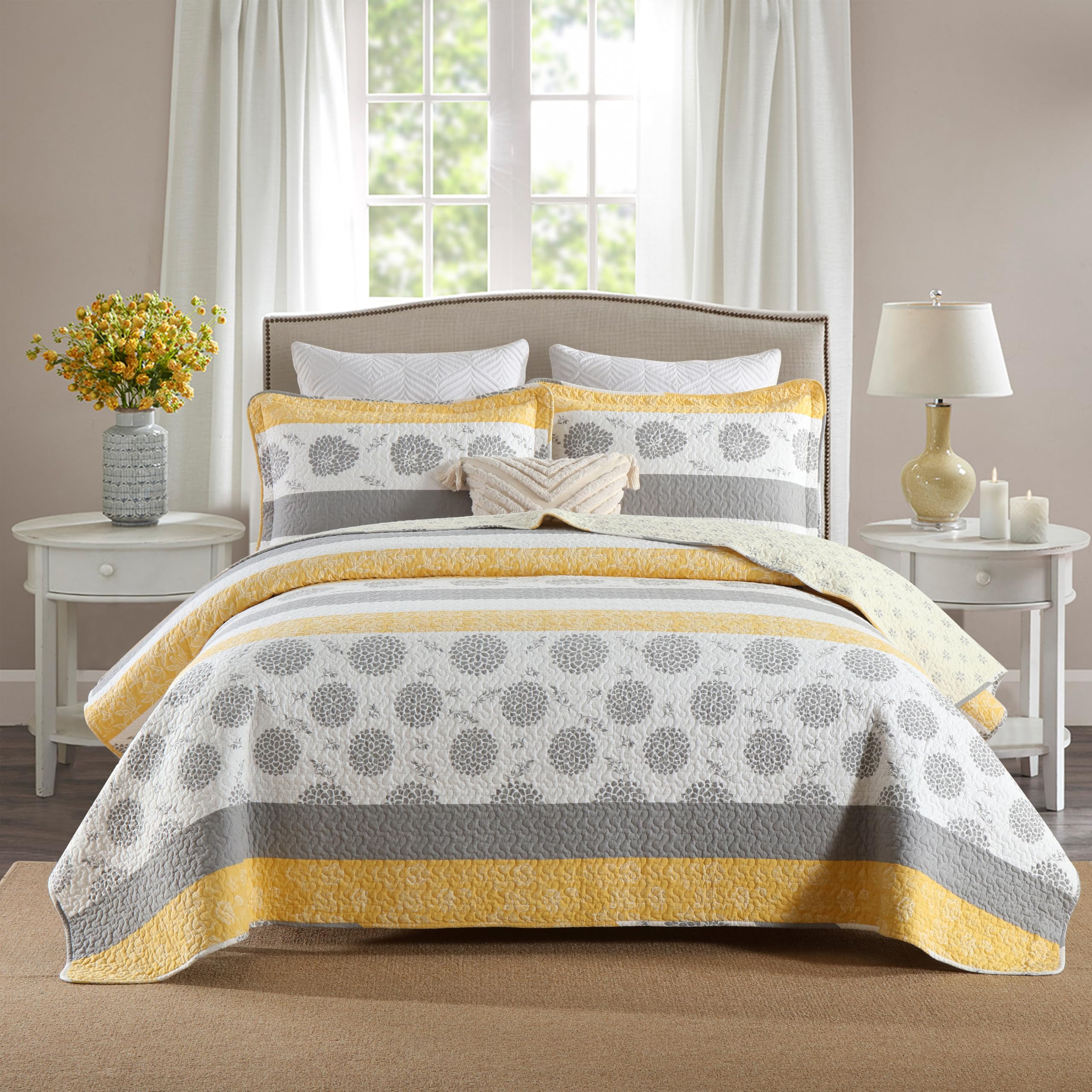 Homzard Quilt King Size-Comforter King Quilt Bedding Set,Yellow Gray White All Cotton Quilted Bedspread,Striped Floral Pattern C