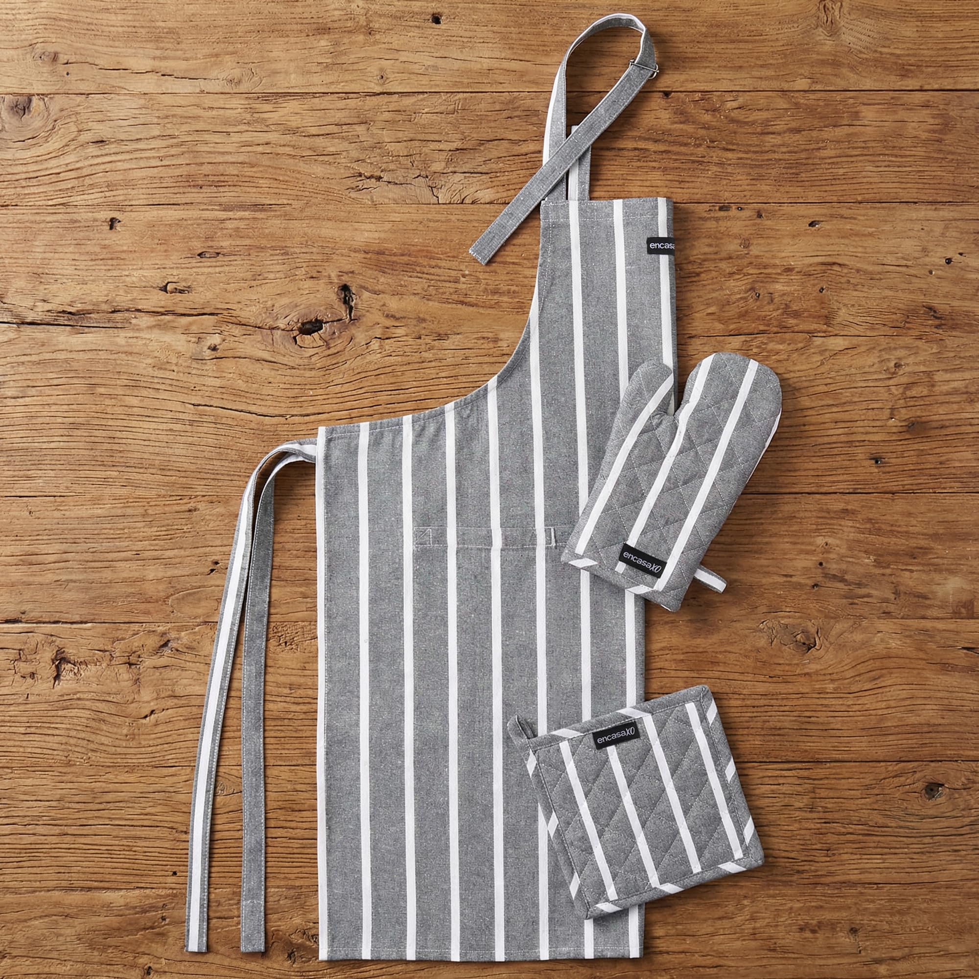Encasa Xo Kitchen Apron With Oven Gloves & Potholder  Combo Set 100% Cotton  Heat Resistant | Roma Grey Stripes (3 Pcs Set)