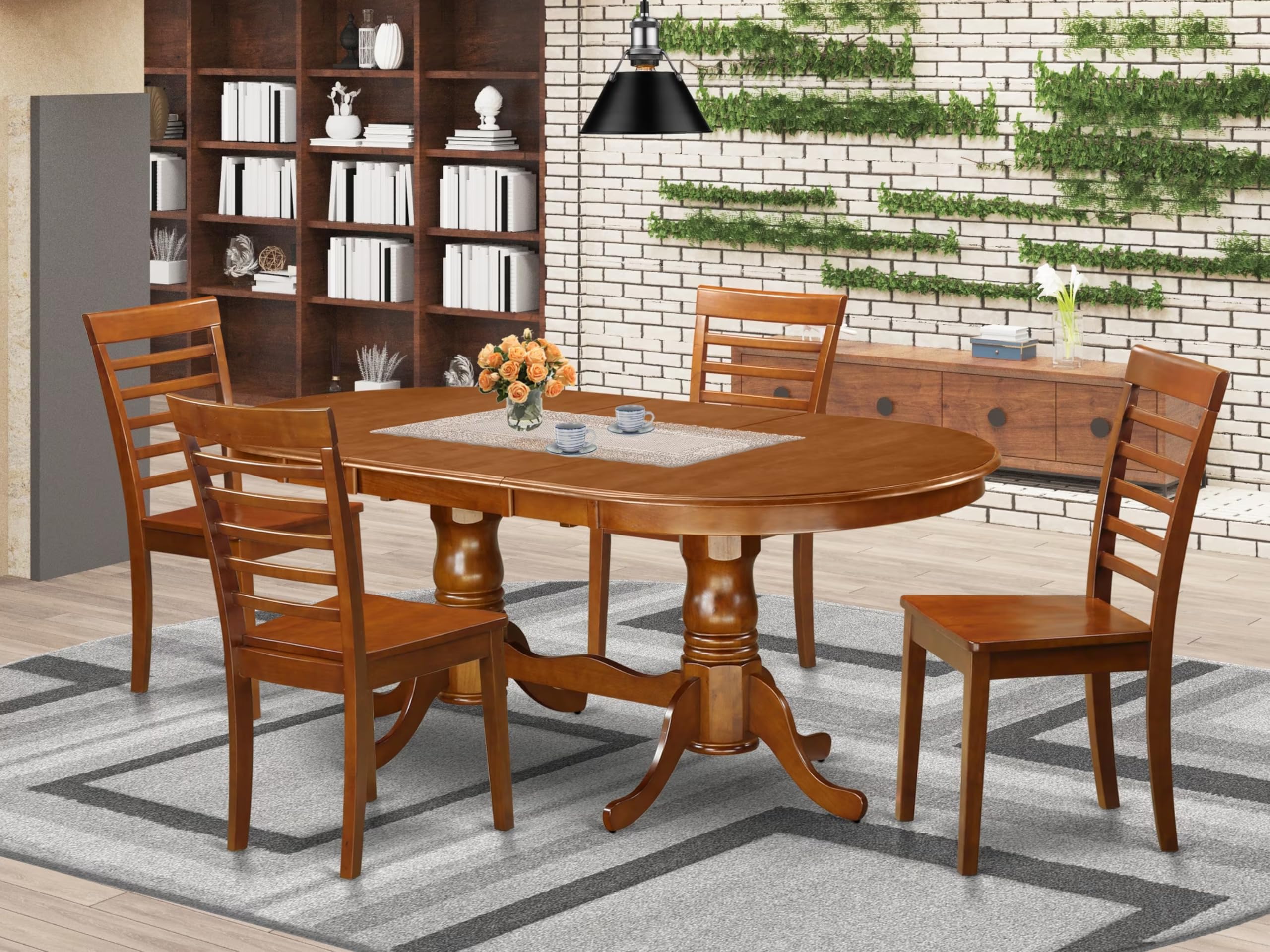 East West Furniture PLML5-SBR-W 5 Piece Dining Room Furniture Set Includes an Oval Kitchen Table with Butterfly Leaf and 4 Dining Chairs, 42x78 Inch, Saddle Brown