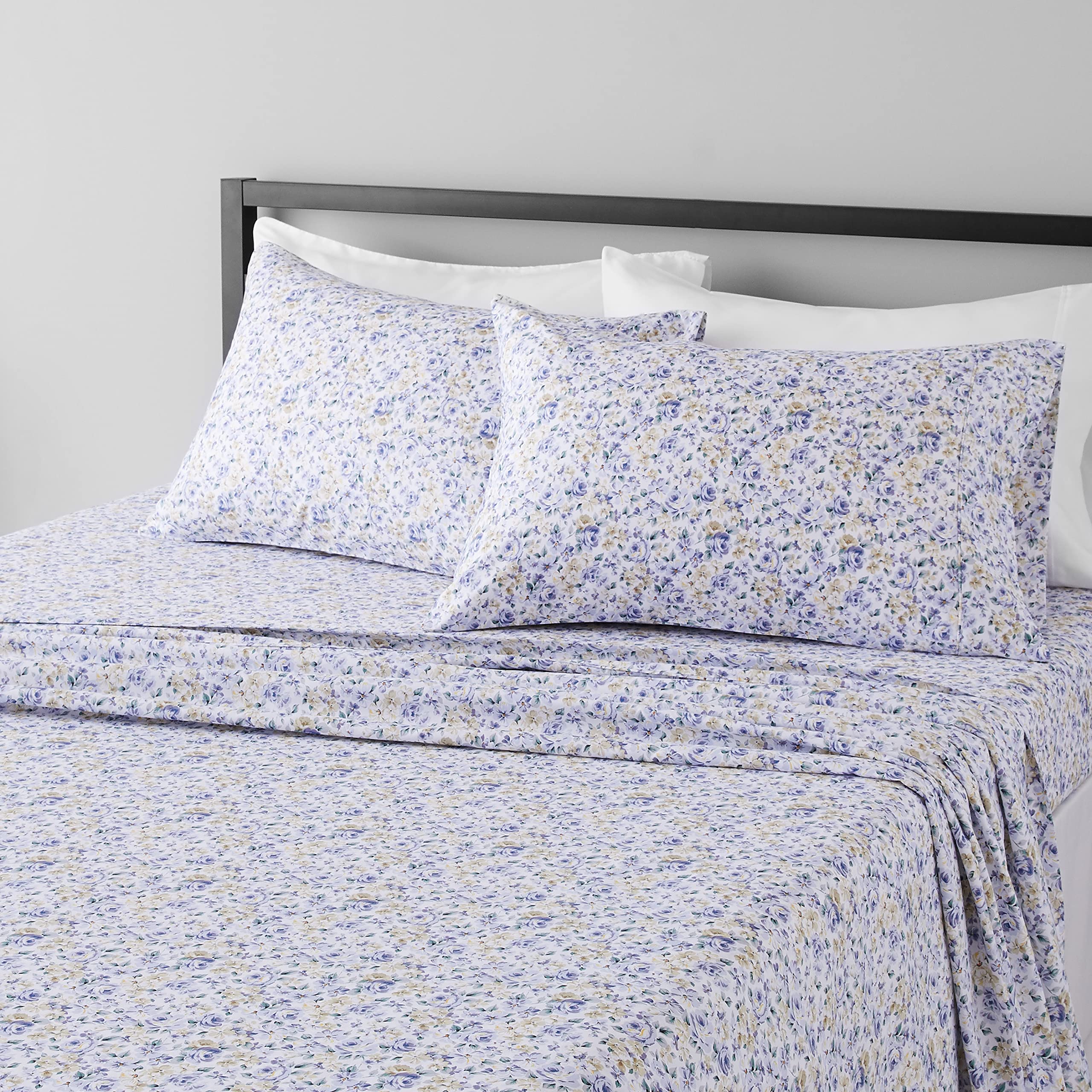 Amazon Basics Lightweight Super Soft Easy Care Microfiber Bed Sheet Set with 14 Deep Pockets - King, Blue Floral