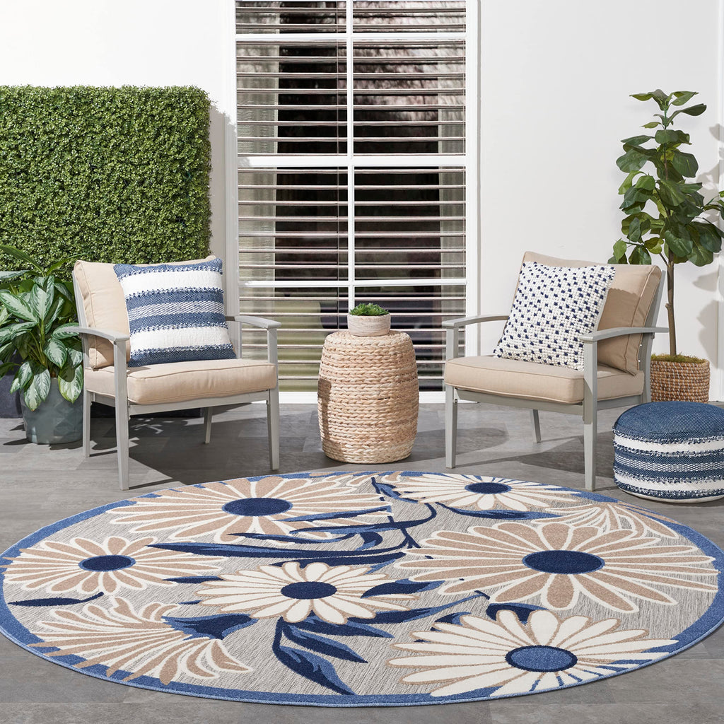 Nourison Aloha Outdoor Blue Grey 5'3' X Round Area Rug, Easy Cleaning, Non Shedding, Bed Room, Living Room, Dining Room, Deck, Backyard, Patio (5 Round)
