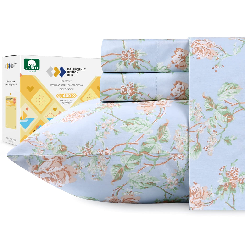 California Design Den Floral Sheets For Full Size Bed - 100% Cotton Sheets Set, Luxury 400 Thread Count Sateen, Deep Pocket Full
