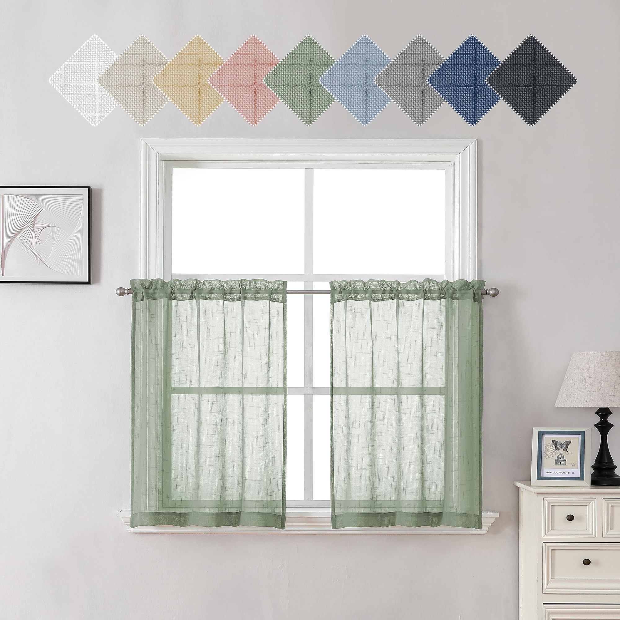 Aiyufeng Sheer Linen Kitchen Curtains, Sage Green, 30"W x 24"L, 2 PCS Semi Sheer Tiered Cafe Curtains for Small Windows