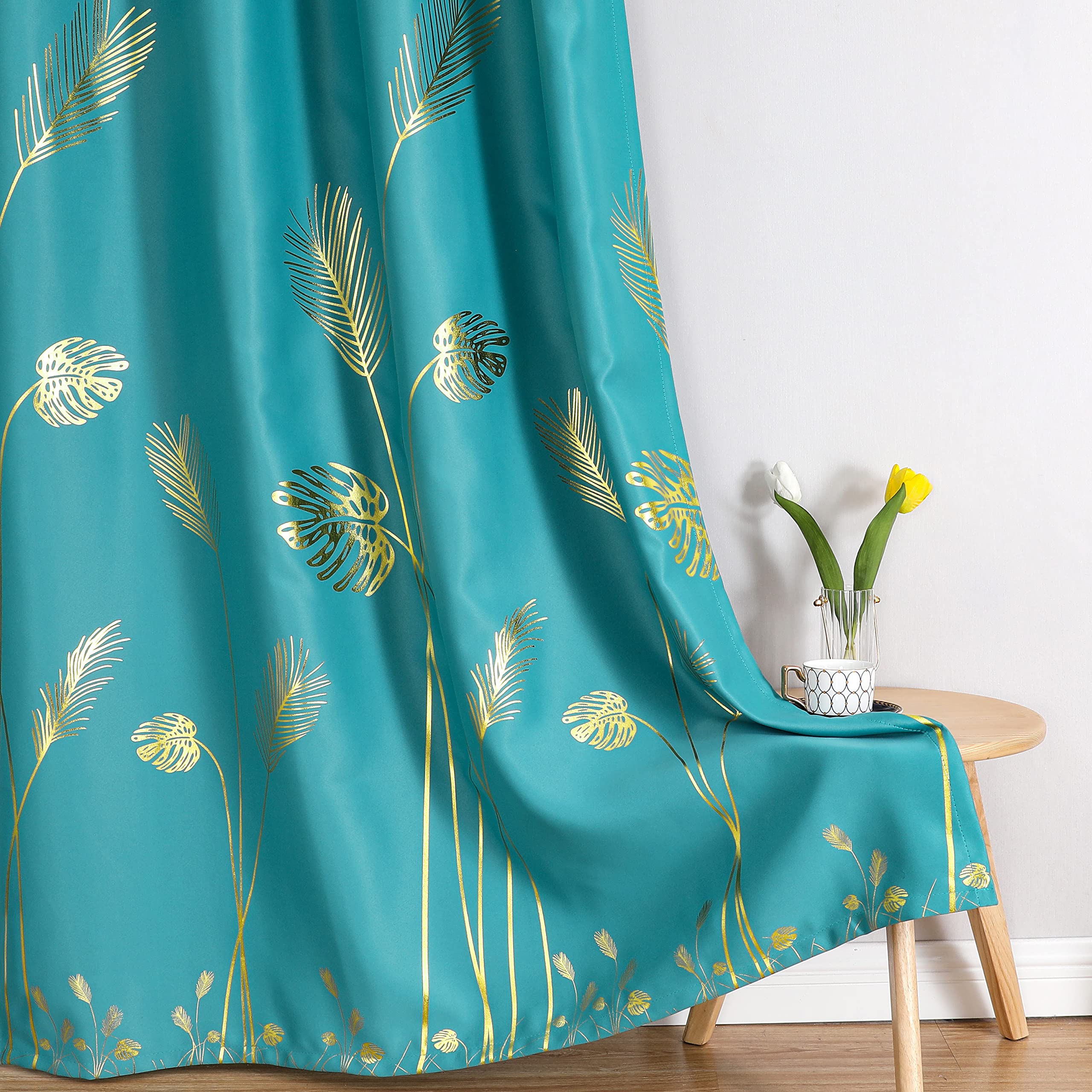 Estelar Textiler Teal Blackout Curtains 84 Inches Long, Grommet Curtains With Gold Palm Tree Pattern, Light Blocking Thermal Ins