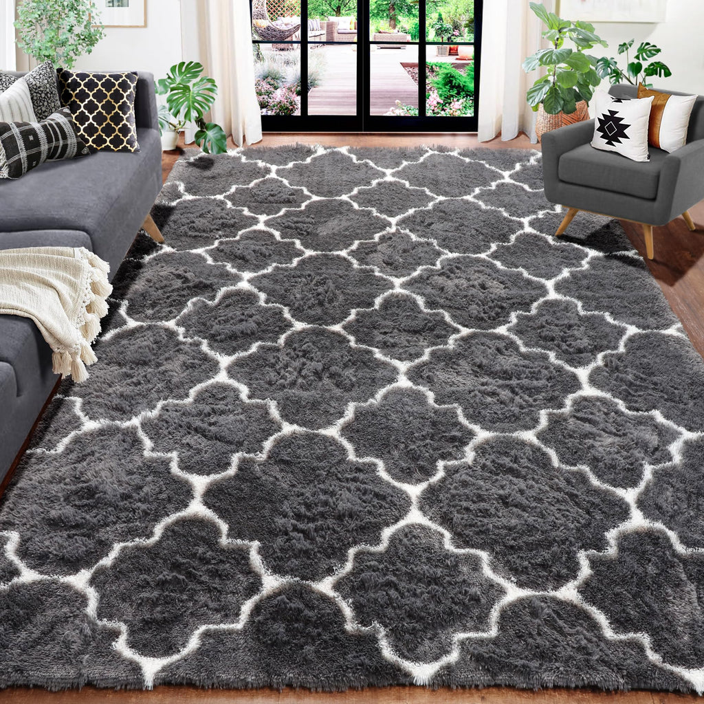 Amdrebio Dark Grey and White Rugs for Bedroom Fluffy, 5x7 Rug, Modern Fuzzy Area Rug for Living Room, Plush Shaggy Floor Rug for