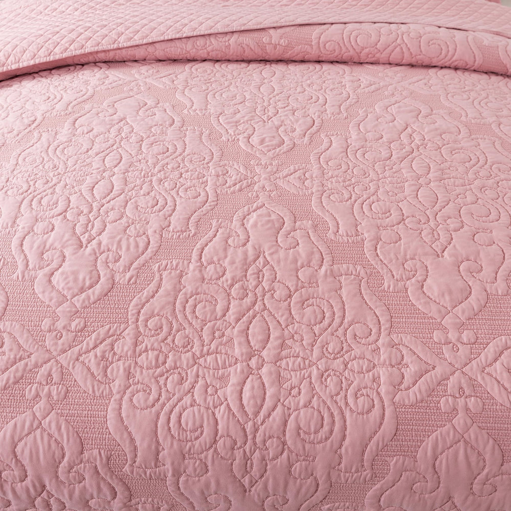 Newlake Quilt Bedspread Set, Pink Jacquard Embossed Floral Pattern Reversible Embroidered Microfiber Coverlet Sets, King Size