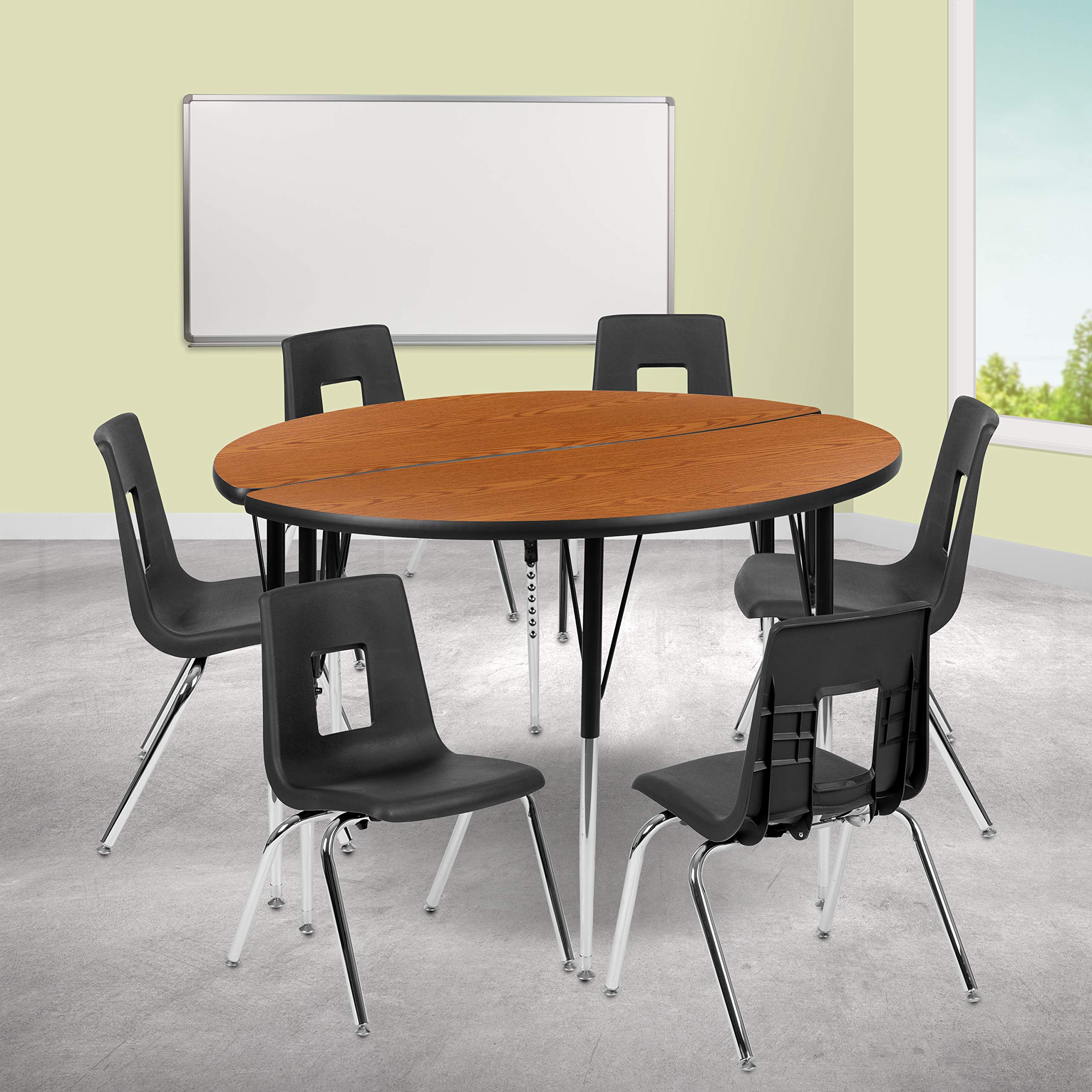 Flash Furniture 47.5 Circle Wave Collaborative Laminate Activity Table Set with 18 Student Stack Chairs, Oak/Black