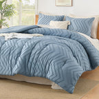 Litanika Queen Size Comforter Sets Grayish Blue, 3 Pieces Lightweight Chevron Tufted Bedding Comforter Set, Fluffy Winter Down A