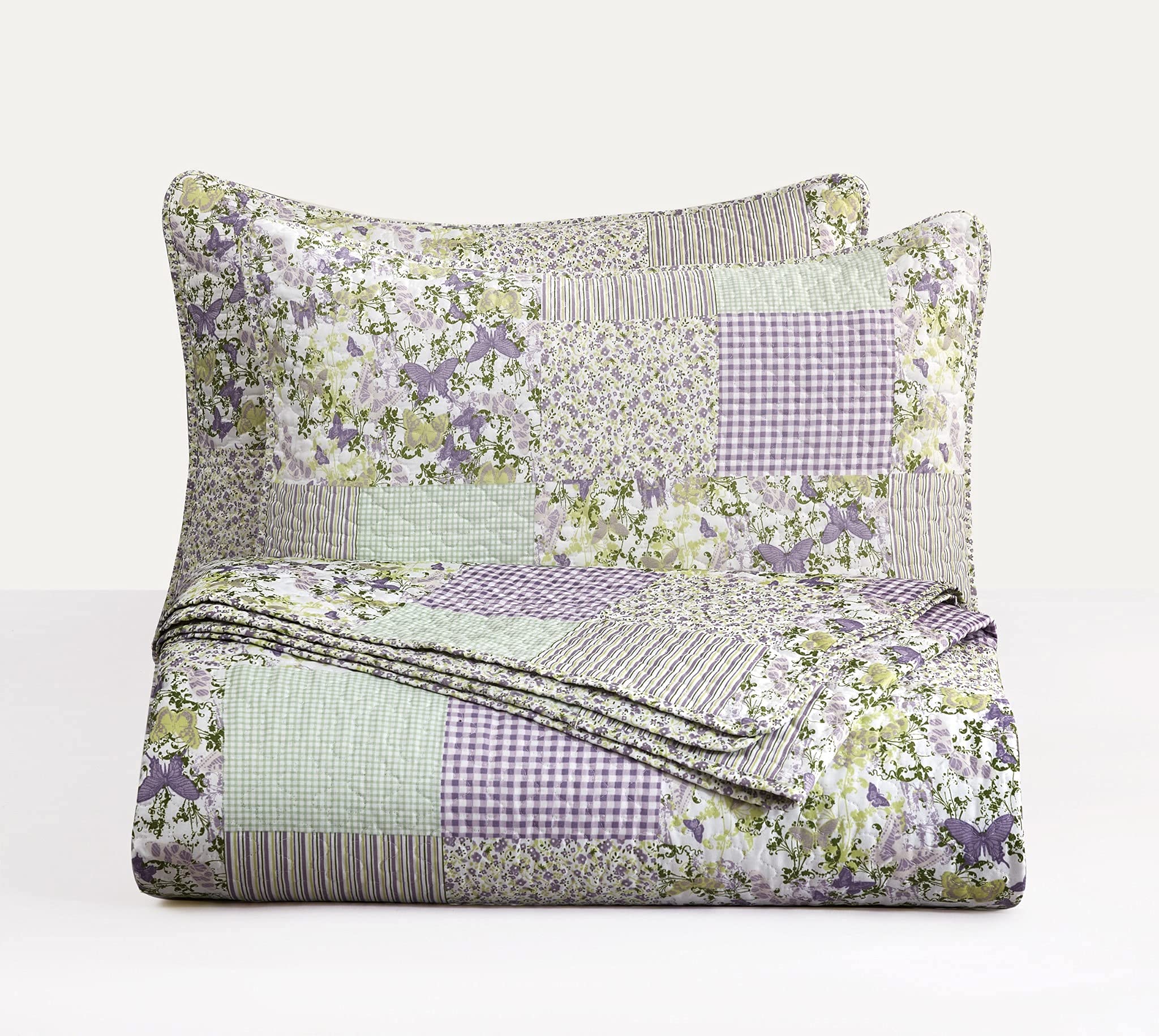 Chezmoi Collection Daisy 2-Piece Printed Patchwork Quilt Set - Purple Butterfly Botanical Candy Stripe Checkered Coverlet - Pre-