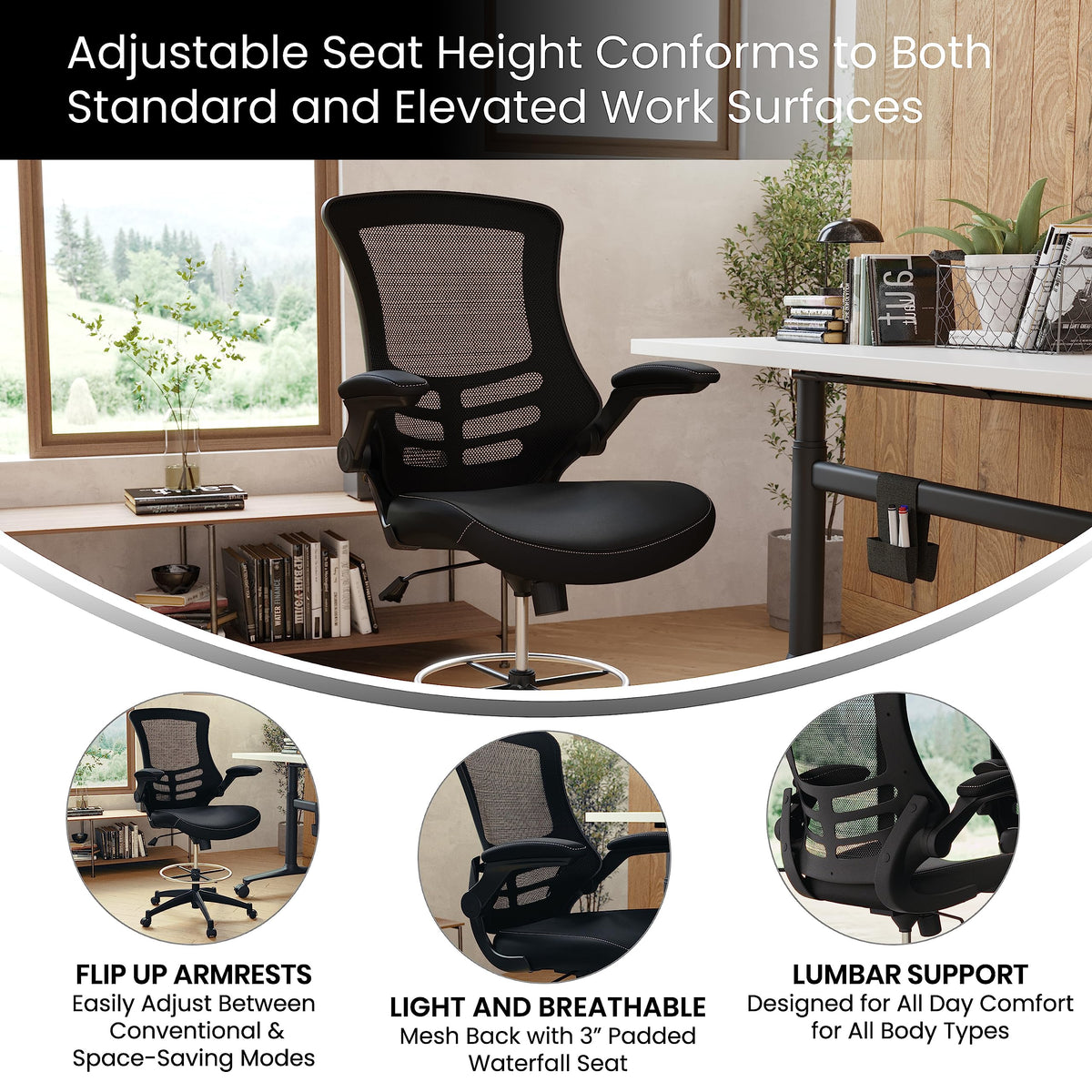 Flash Furniture Kelista Mid-Back Swivel Office Chair with Adjustable LeatherSoft Seat Height, Ergonomic Mesh Chair with Flip-Up Arms, Black