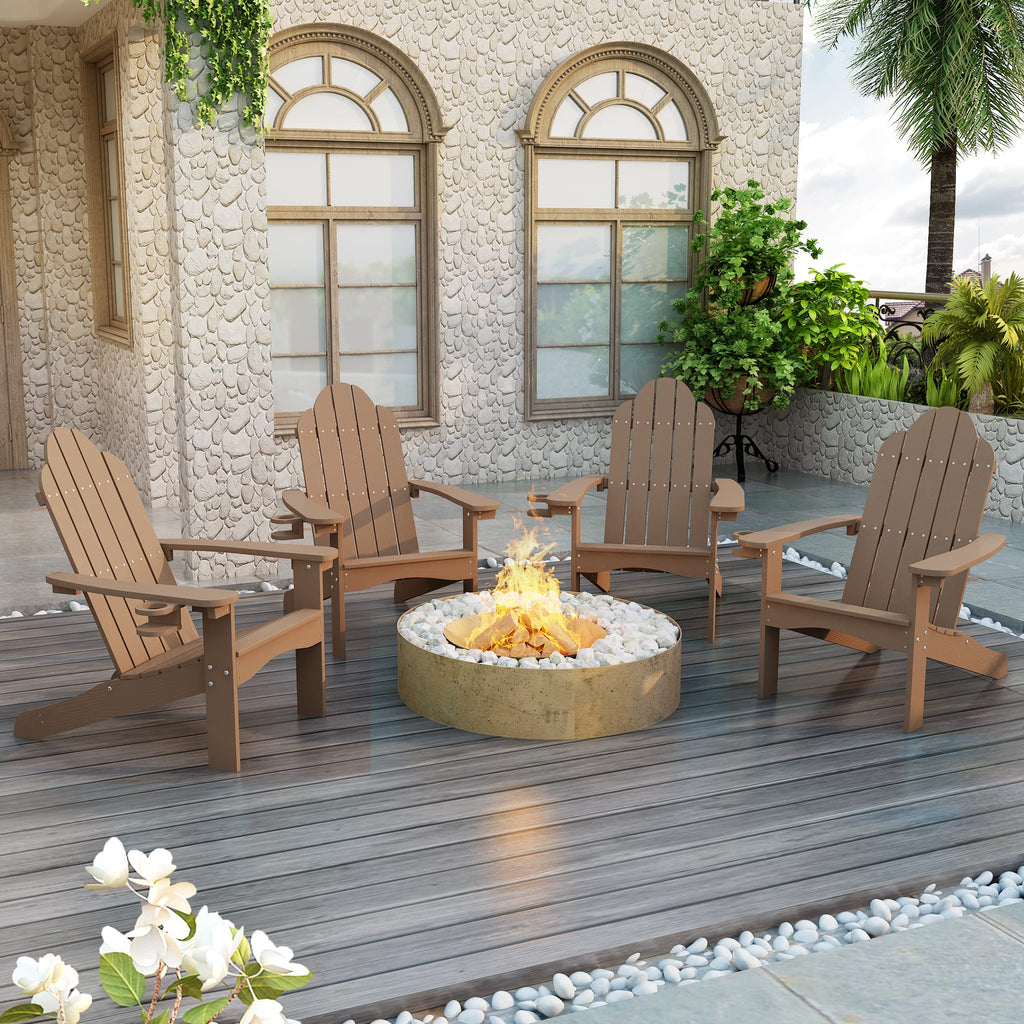 Lue Bona Adirondack Chairs Set Of 4, Brown Poly Adirondack Chairs With Cup Holder, 350Lbs Modern Adirondack Chair Weather Resistant, Outdoor Patio Chair For Fire Pit, Patio, Law, Balcony, Backyard