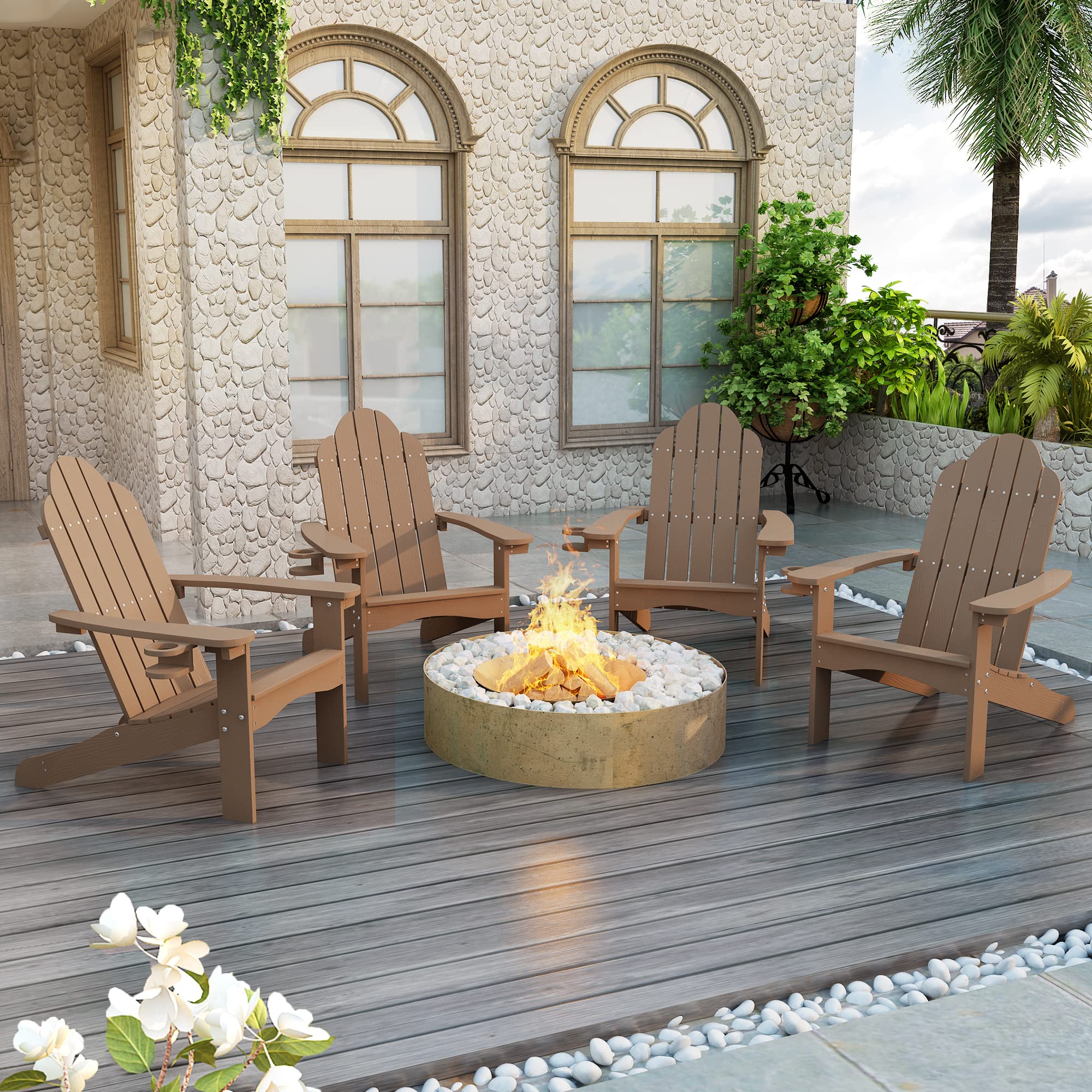 Lue Bona Adirondack Chairs Set Of 4, Brown Poly Adirondack Chairs With Cup Holder, 350Lbs Modern Adirondack Chair Weather Resistant, Outdoor Patio Chair For Fire Pit, Patio, Law, Balcony, Backyard